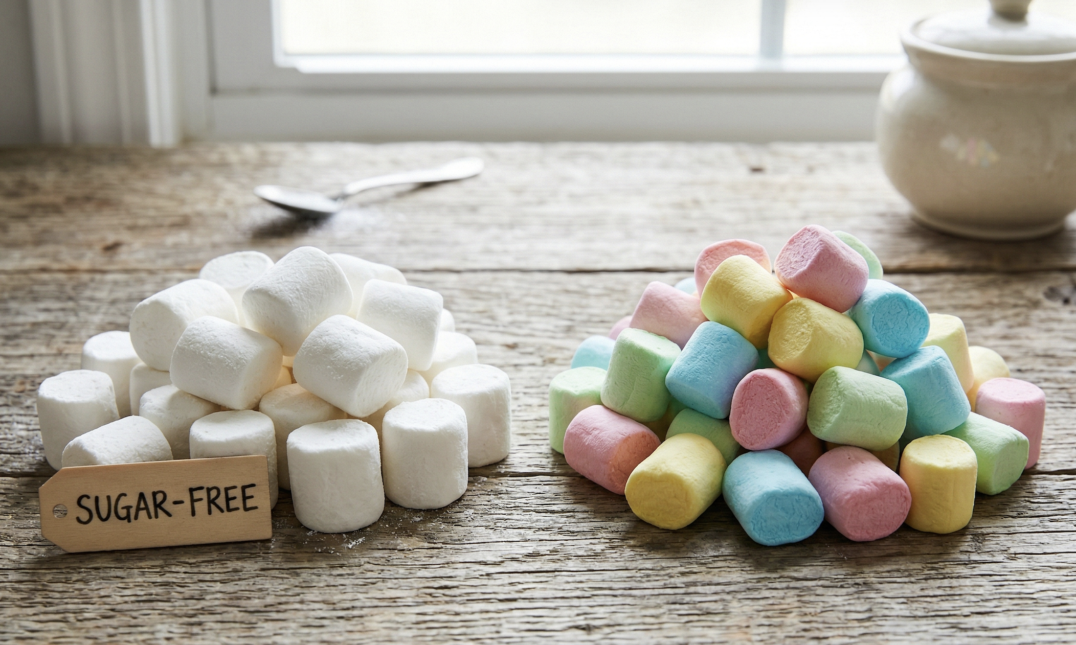 A pile of white sugar-free marshmallows next to traditional colorful marshmallows