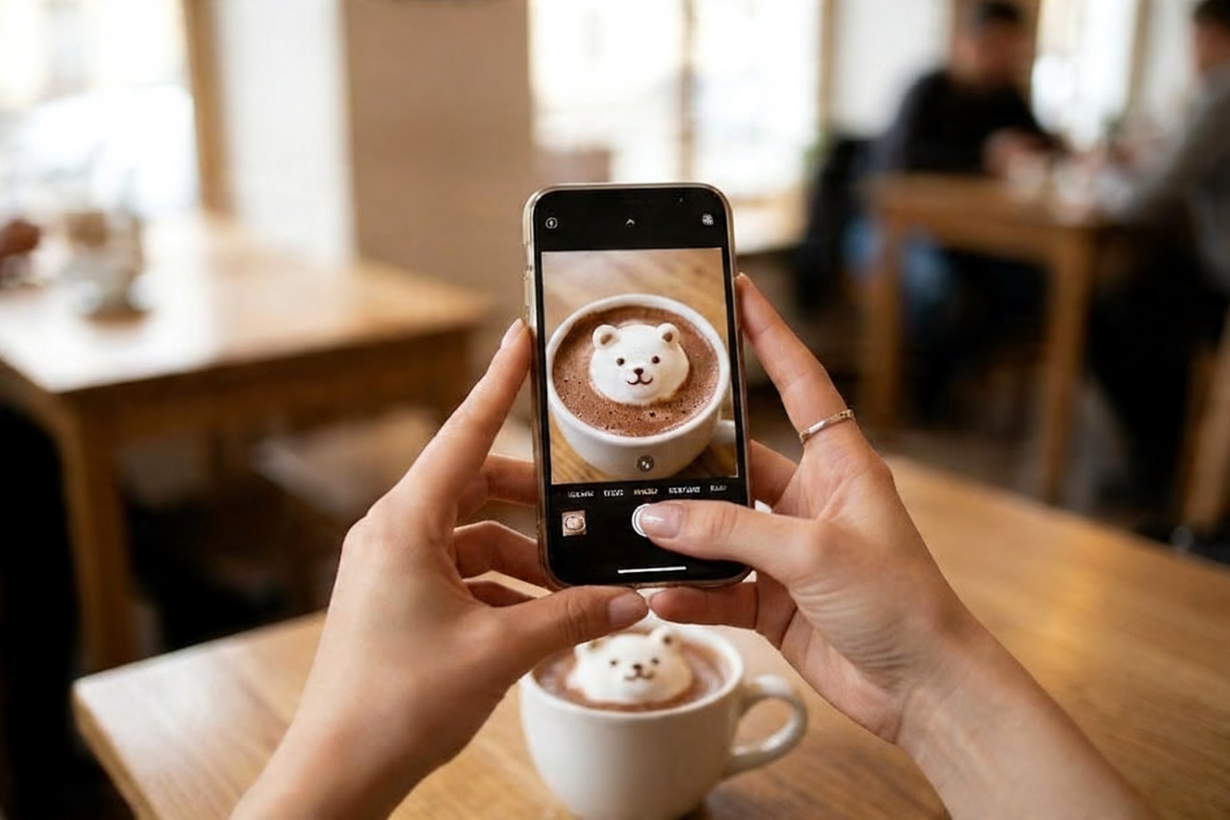 3D Marshmallow for Social Media A person taking a photo of a hot chocolate with a 3D bear marshmallow in it
