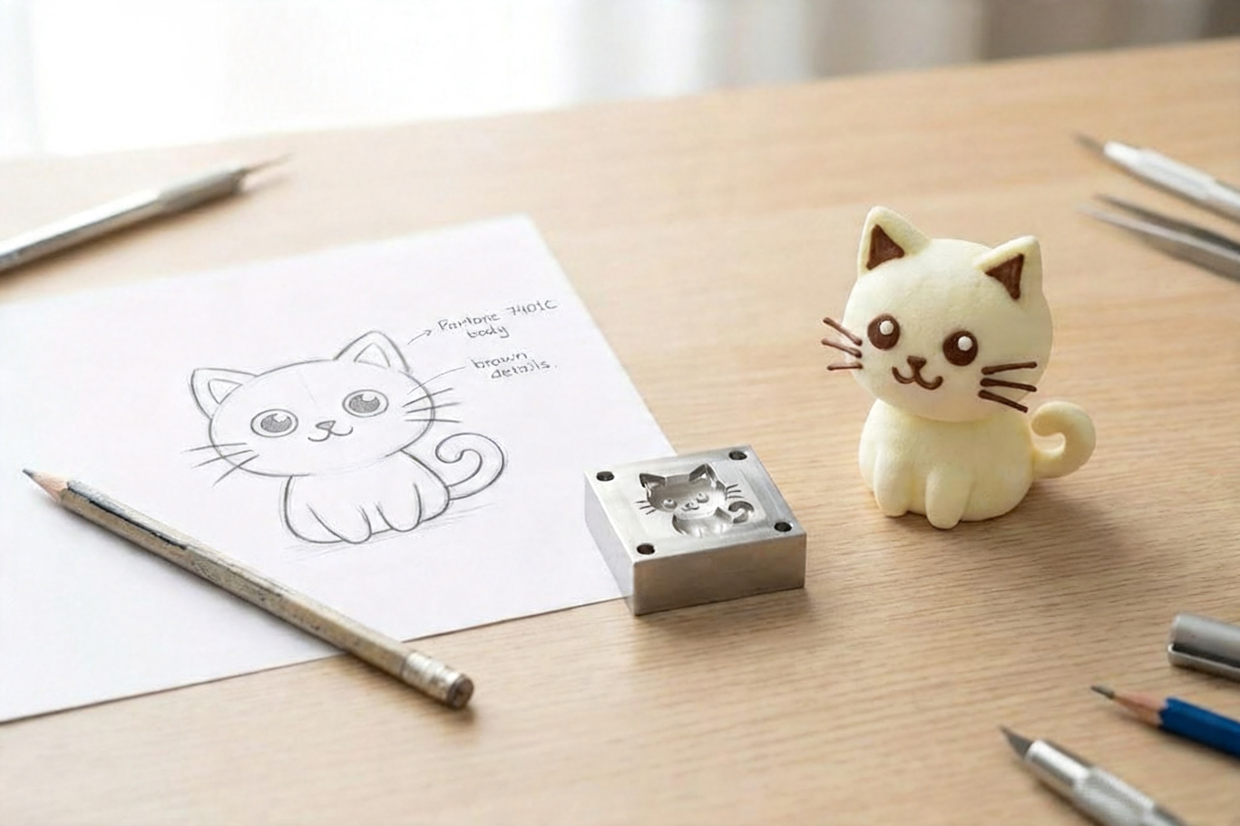 From Sketch to Custom Marshmallow A designer's sketch next to a finished custom 3D marshmallow product