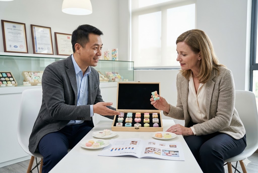Marshmallow Supplier Partnership A salesperson presenting marshmallow samples to a client
