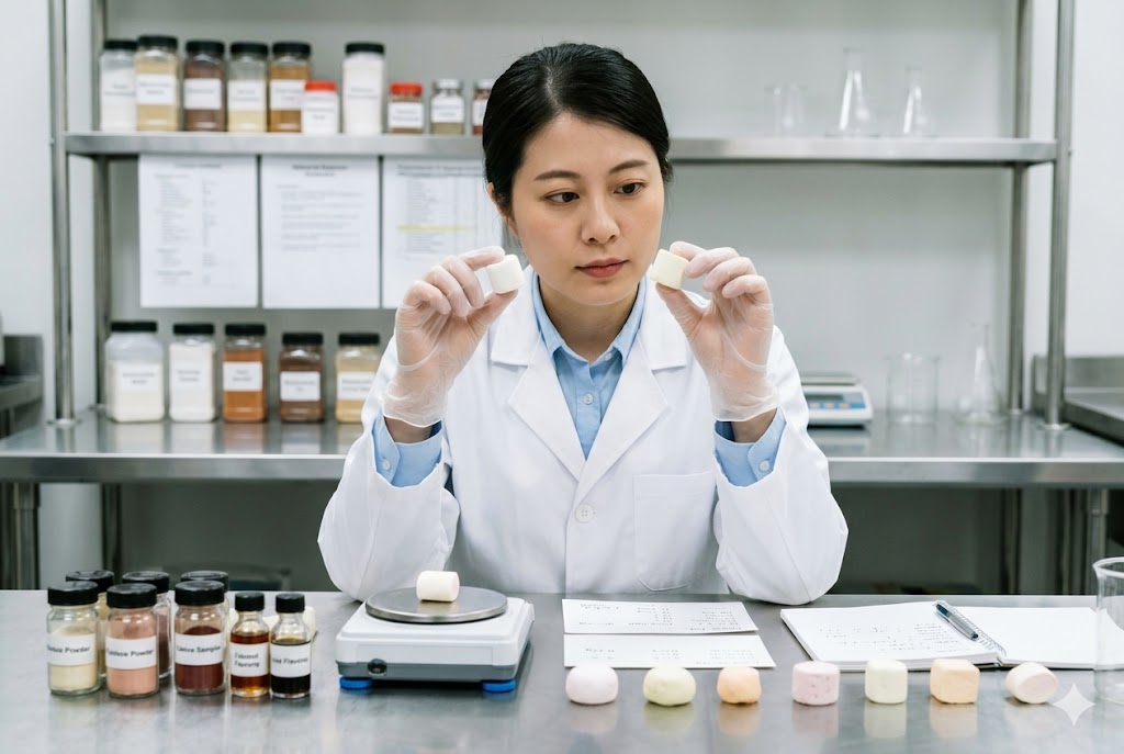 Marshmallow R&D and Formulation A food scientist testing marshmallow formulas