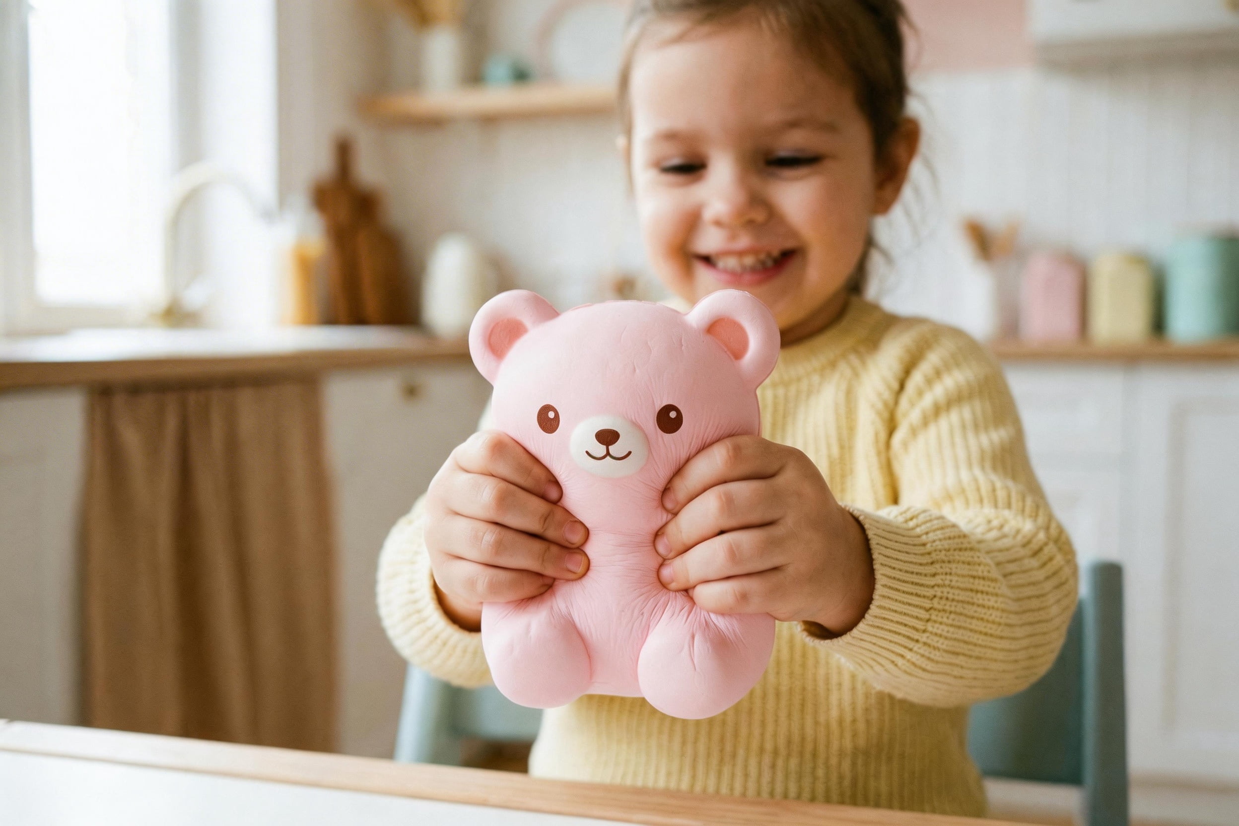 Fun and Safe Edible Marshmallow Squishies A child happily squeezing a character-shaped edible marshmallow toy