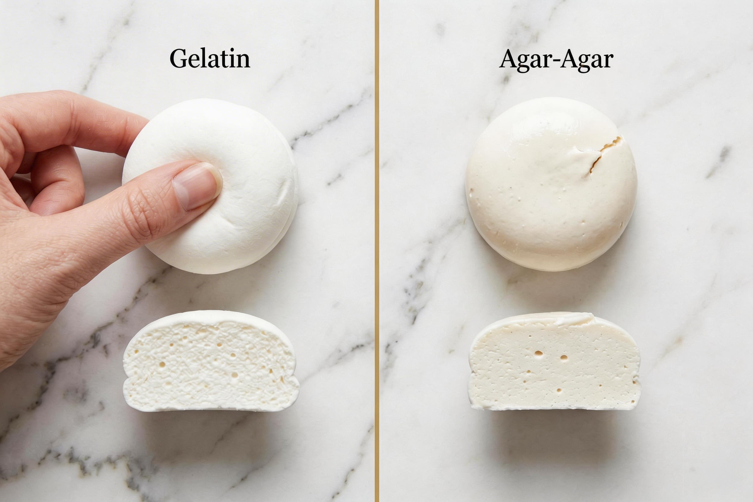 Gelatin vs. Plant-Based Marshmallows Side-by-side comparison of a gelatin marshmallow and a plant-based alternative