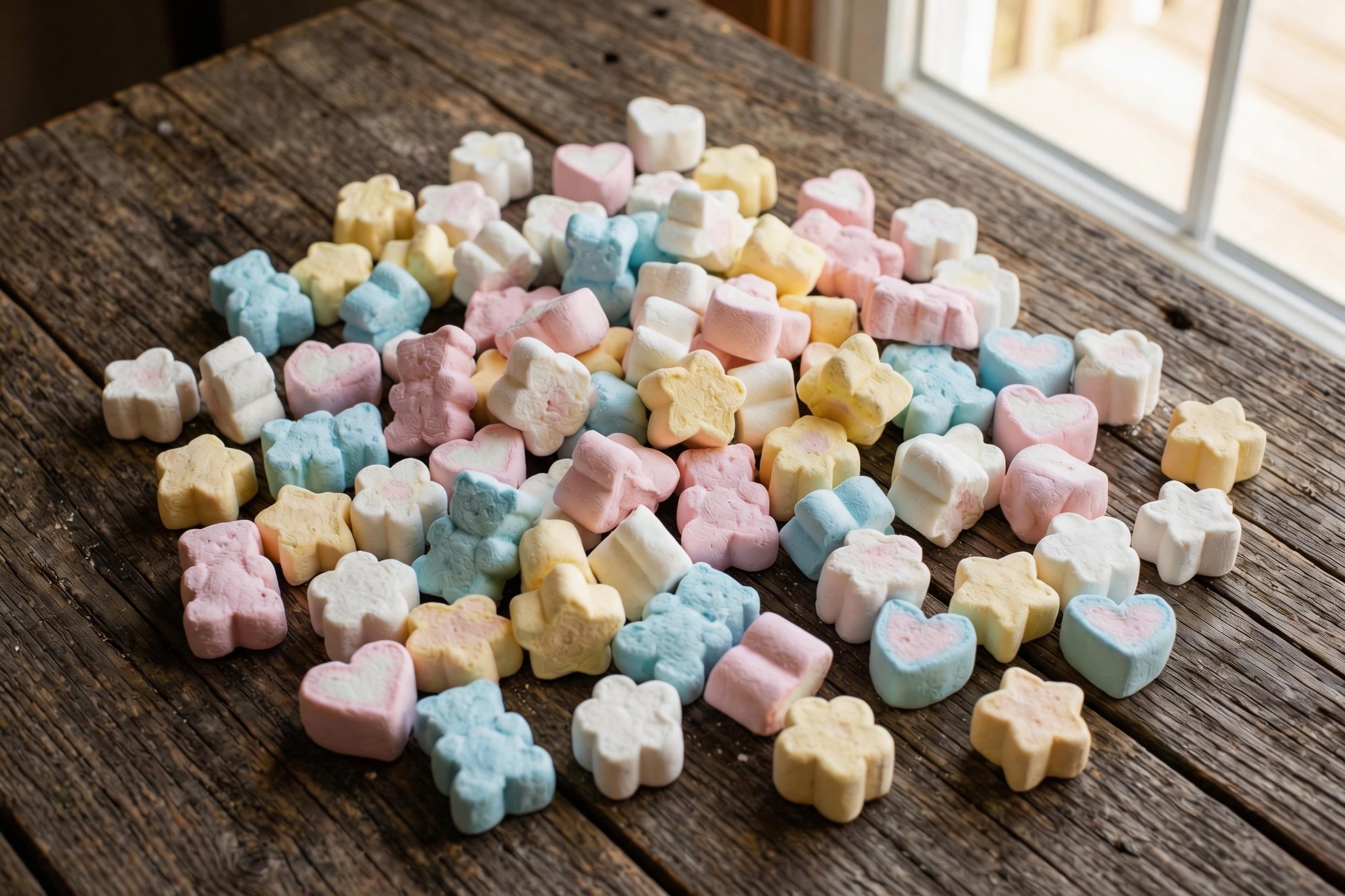 The Truth About Gelatin in Marshmallows A pile of assorted shaped marshmallows showing their texture