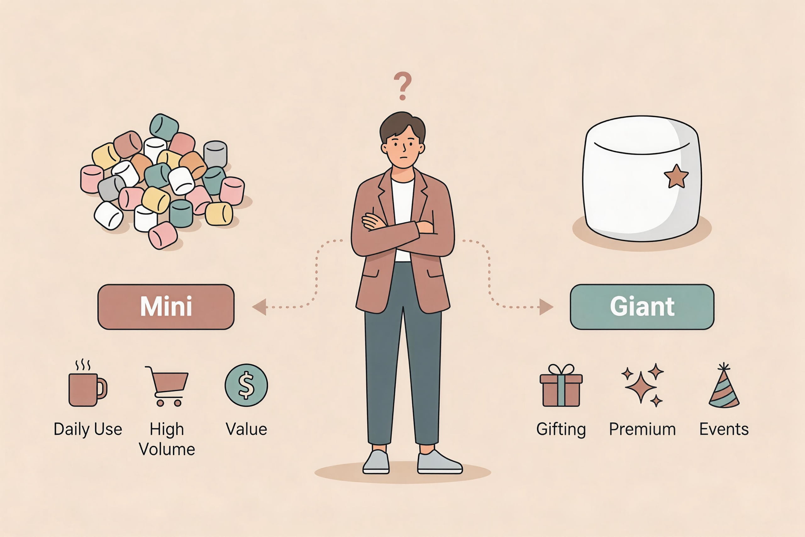 Choosing a Marshmallow Size A person thinking while looking at giant and mini marshmallows
