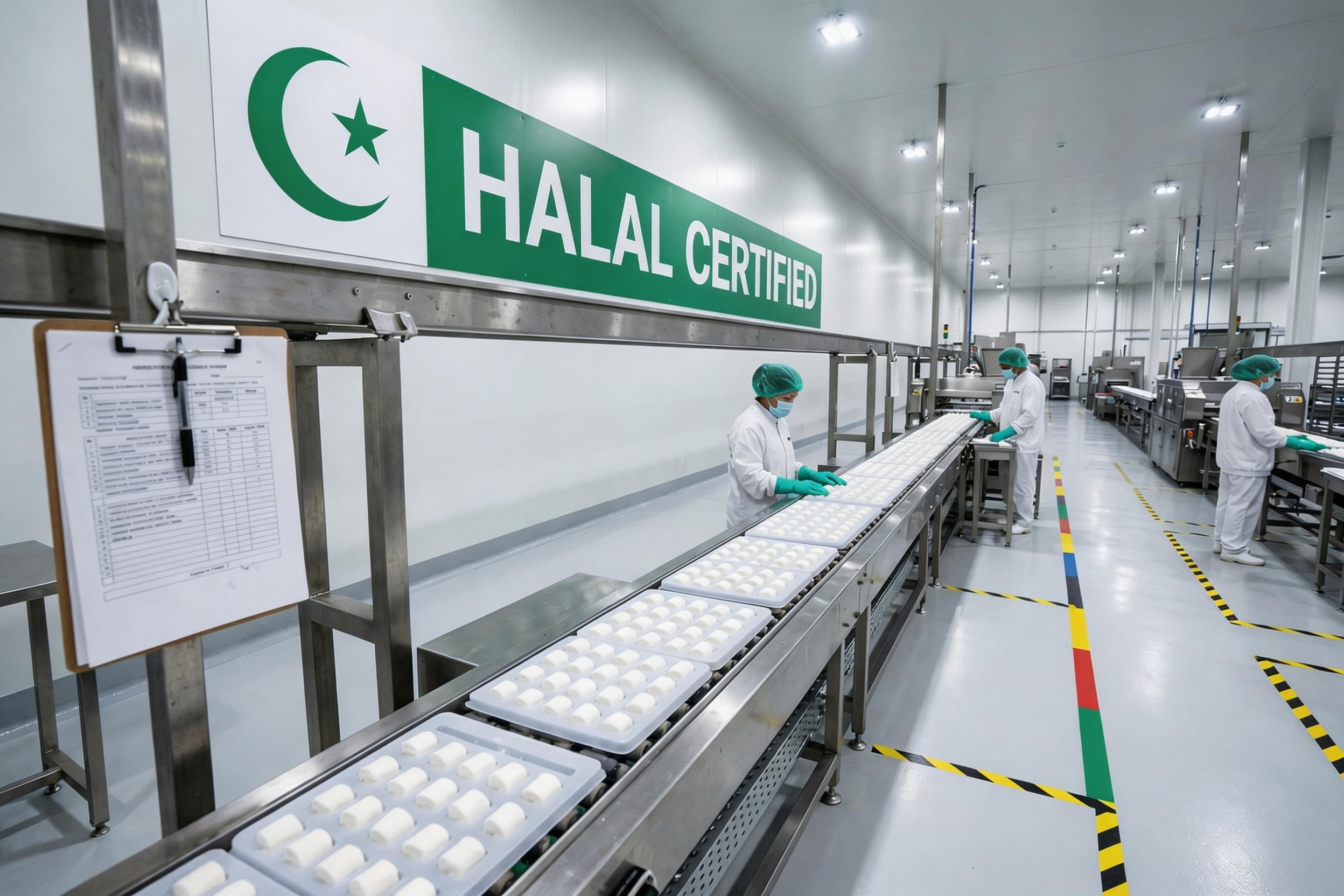 a factory production line with Halal certification logos