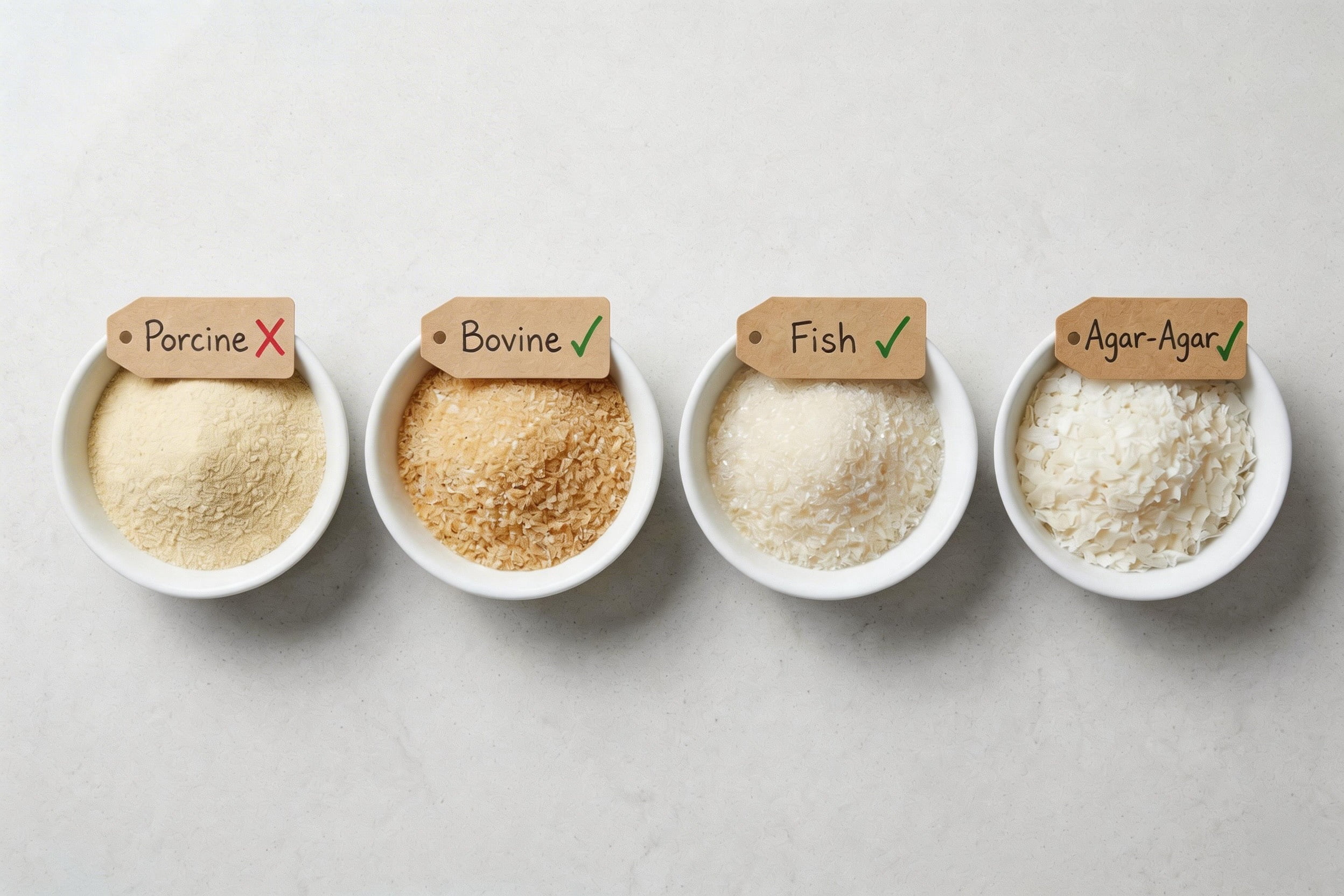 different types of gelatin powders in bowls