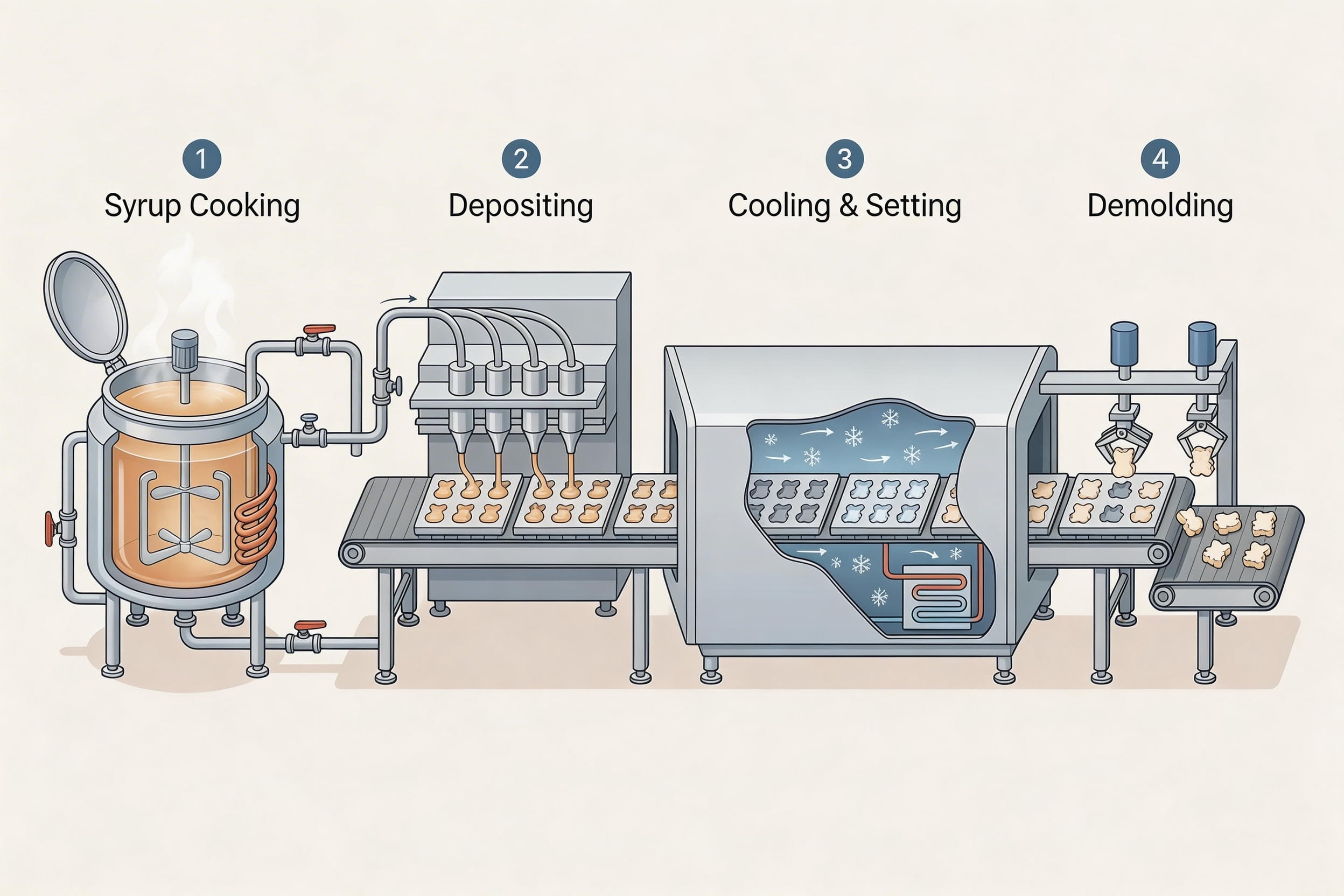 Marshmallow Production Line A production line with a machine depositing marshmallow mixture into molds