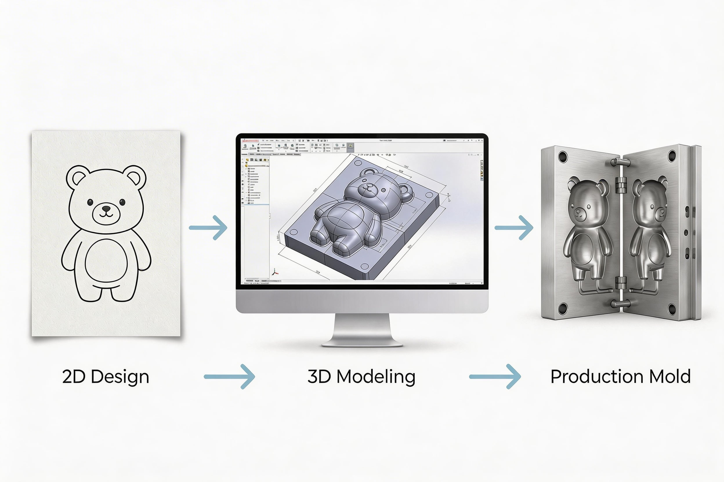 From 2D Design to 3D Marshmallow Mold A 3D design of a marshmallow mold on a computer screen next to a physical mold