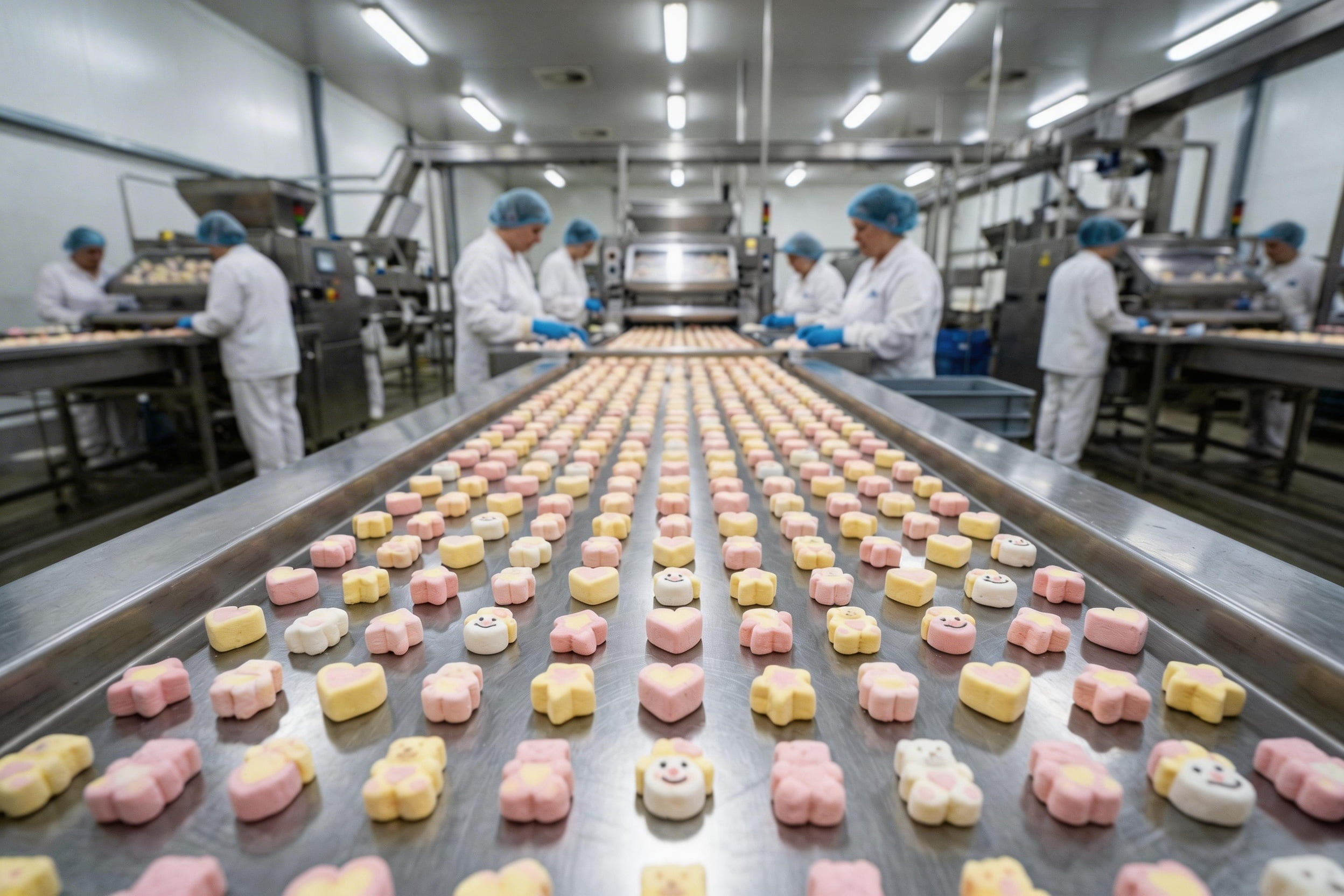 Shaped Marshmallow Factory Process A variety of colorful shaped marshmallows being made in a factory