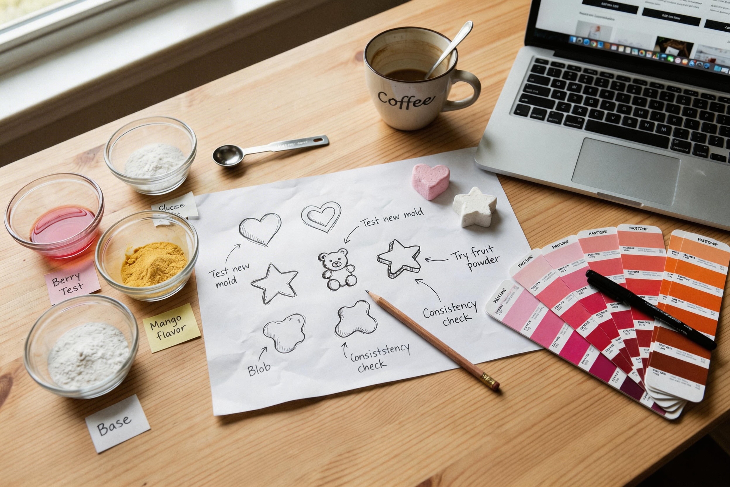 A brainstorming session with marshmallow sketches, flavor samples, and color swatches