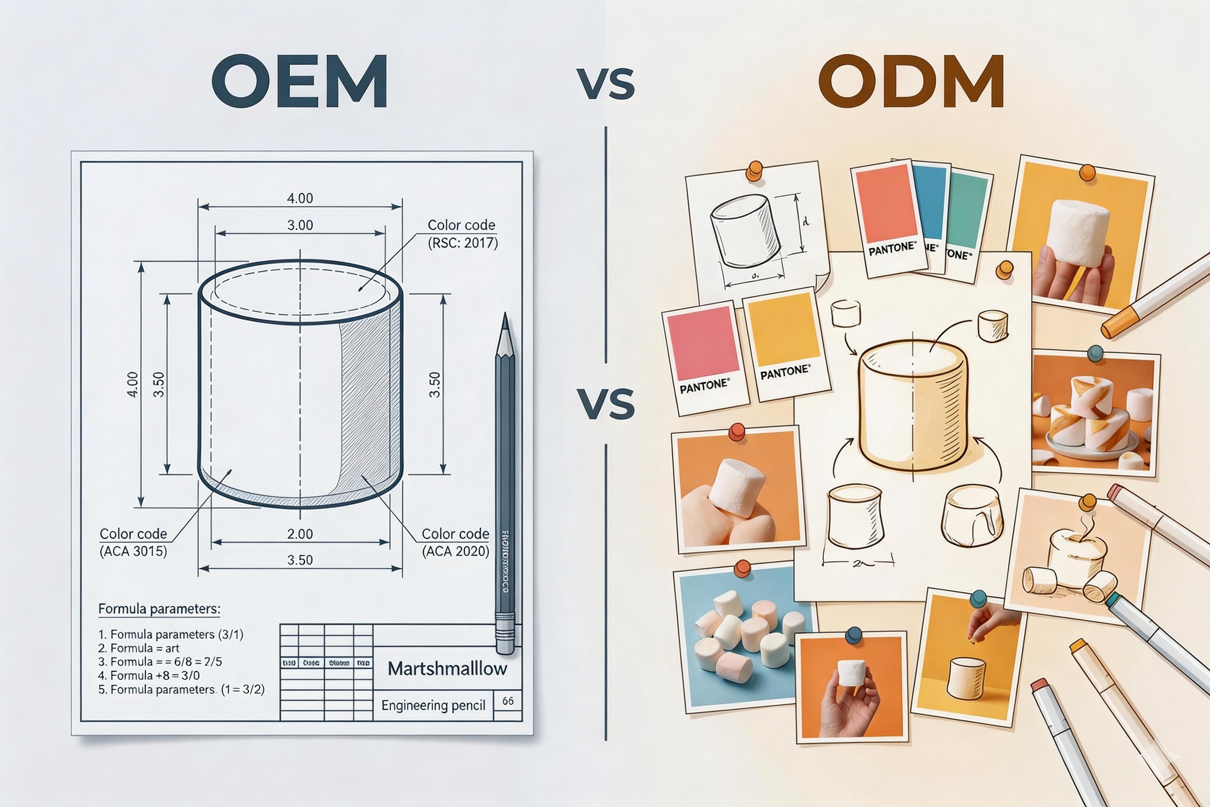 A split image showing a blueprint for OEM and a creative mood board for ODM for marshmallows