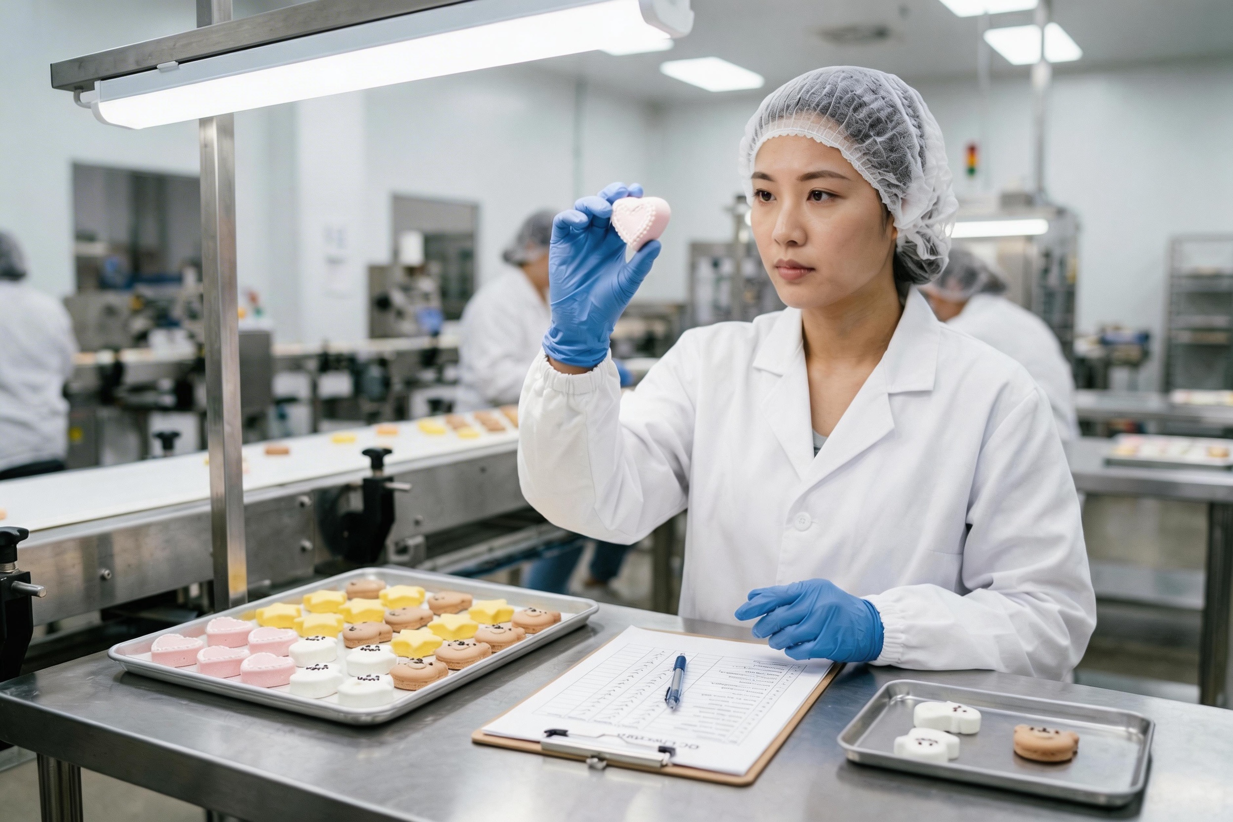 quality control check in a marshmallow factory
