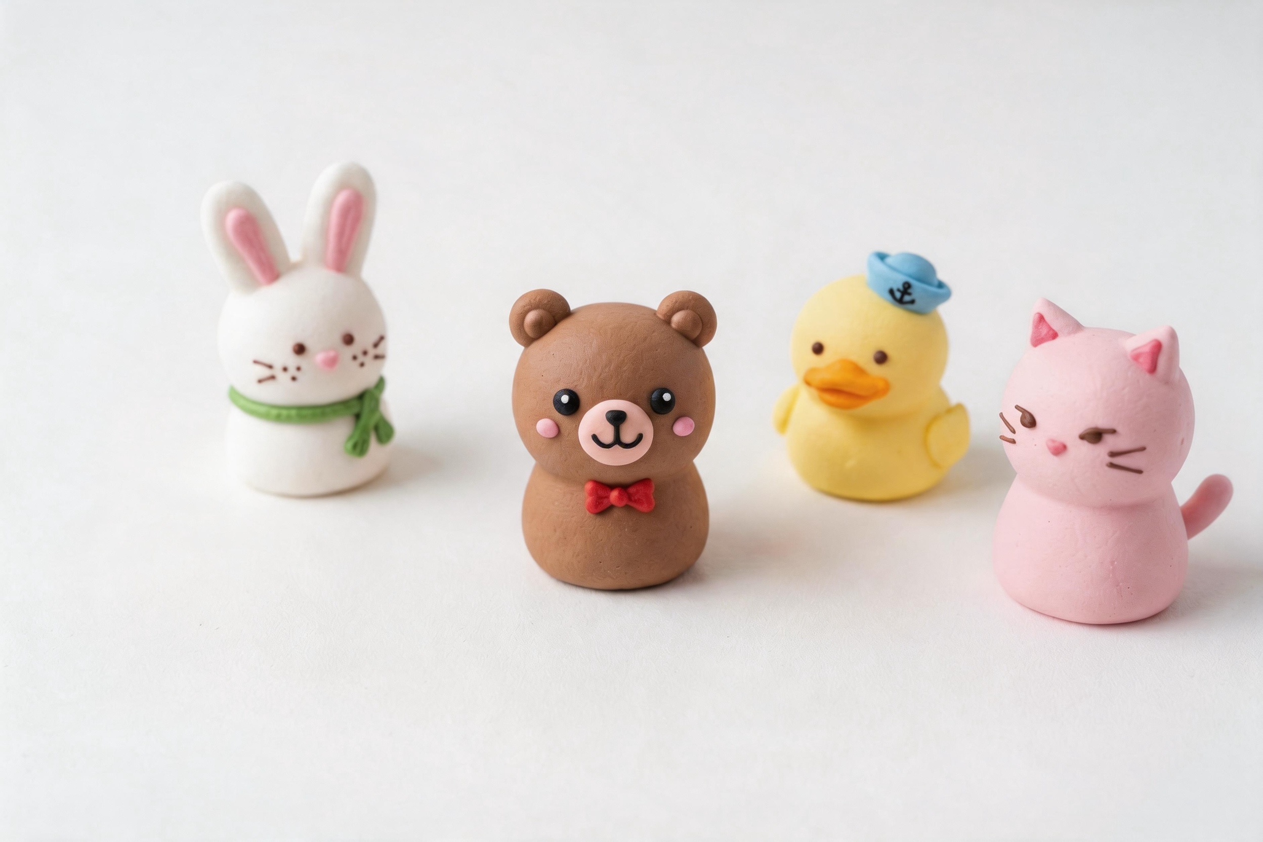 A collection of unique custom animal marshmallows — bears with bow ties, ducks with hats, bunnies with colored scarves — showing detailed piping work