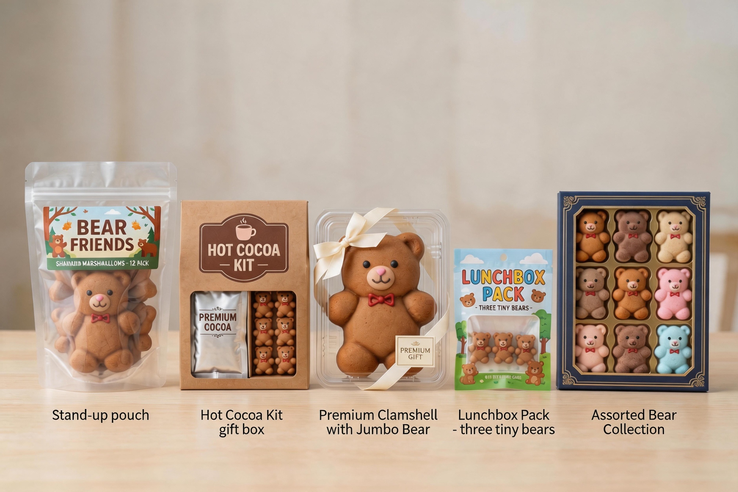 The same custom bear character marshmallow shown in five different product formats — candy bag, hot cocoa kit, cupcake topper, lunchbox pack, and gift box
