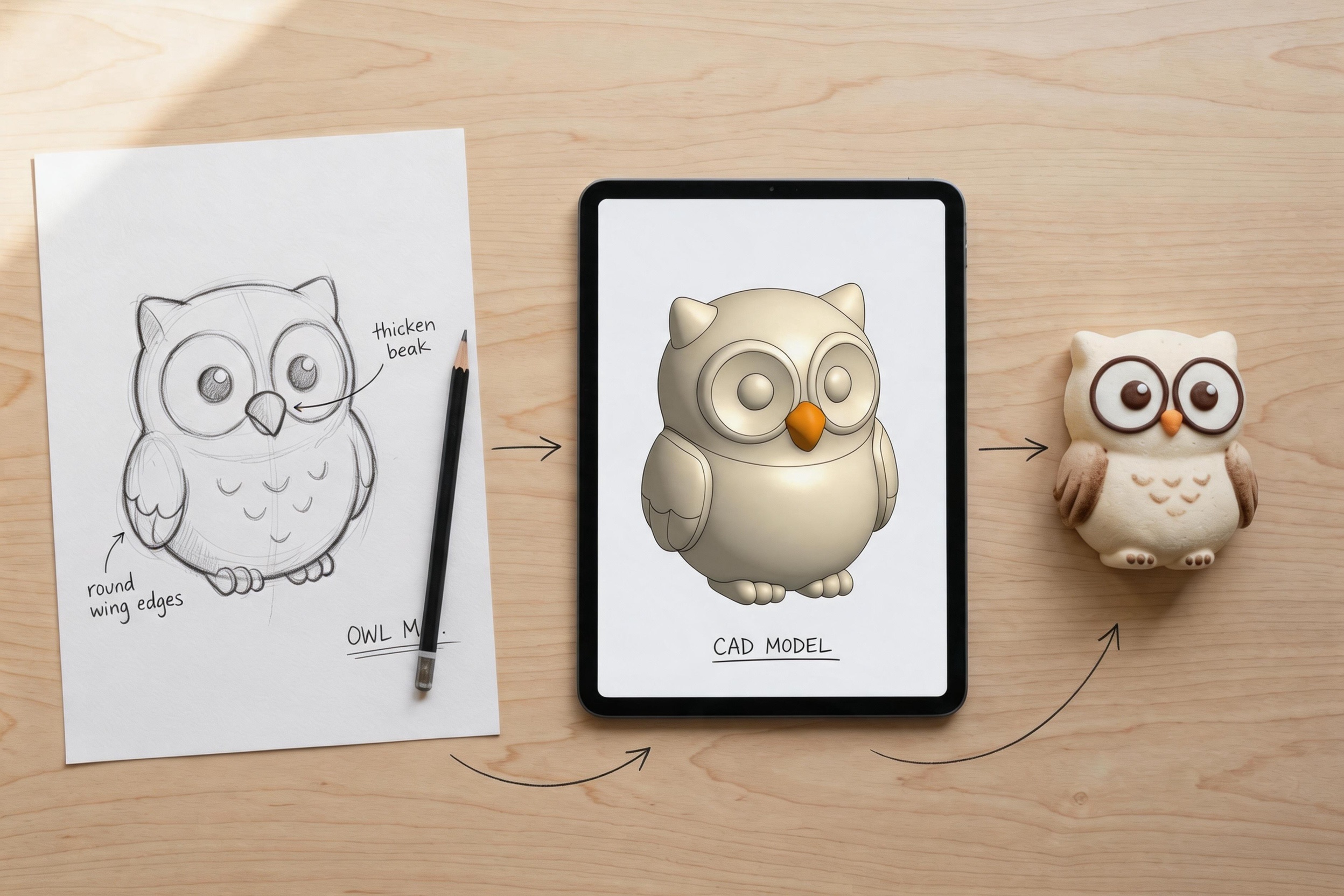 A design table showing the journey from a hand-drawn animal sketch to a 3D mold model to a finished marshmallow character