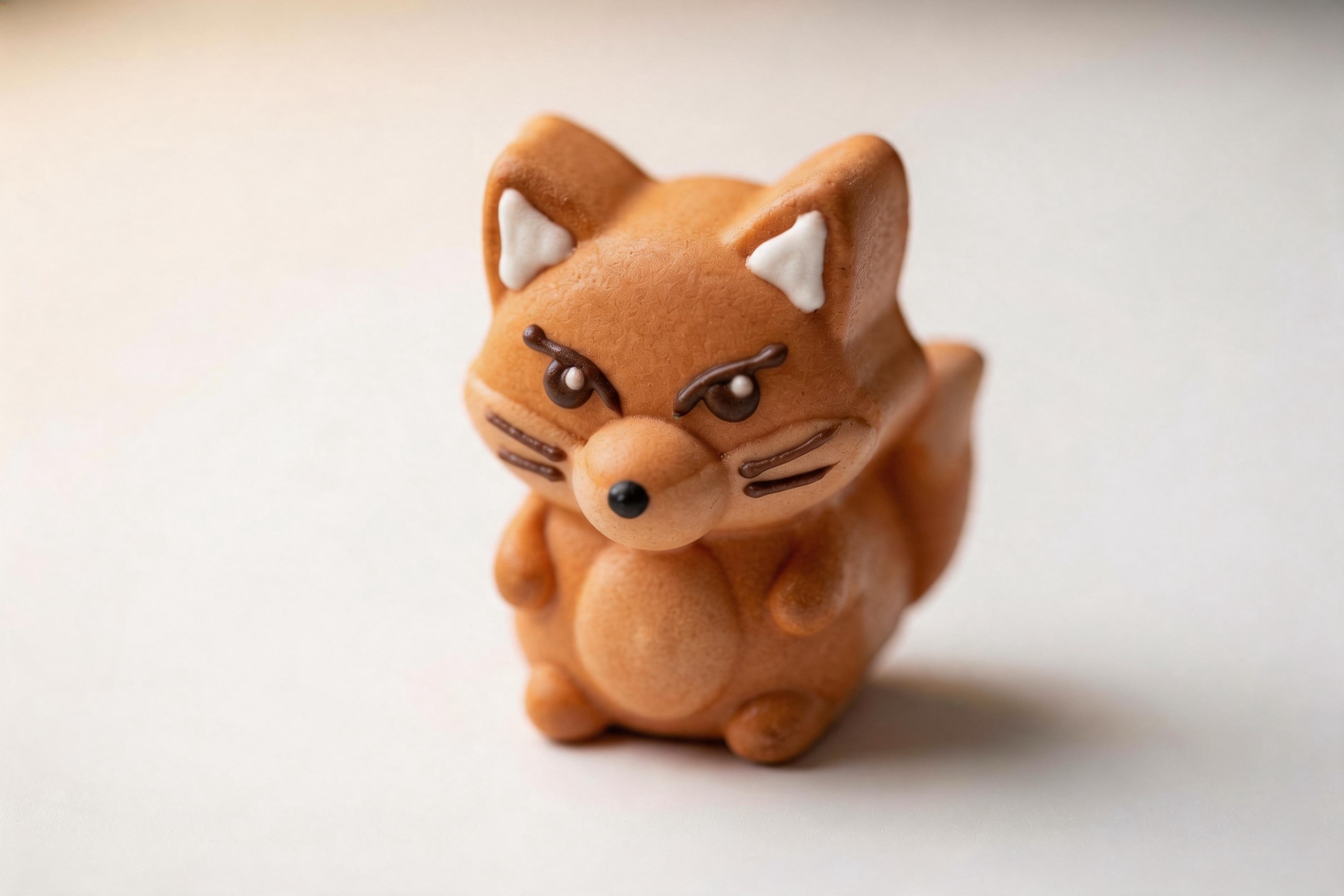 A close-up of a custom animal marshmallow showing the relationship between the mold shape (body) and the piped details (face, accessories)