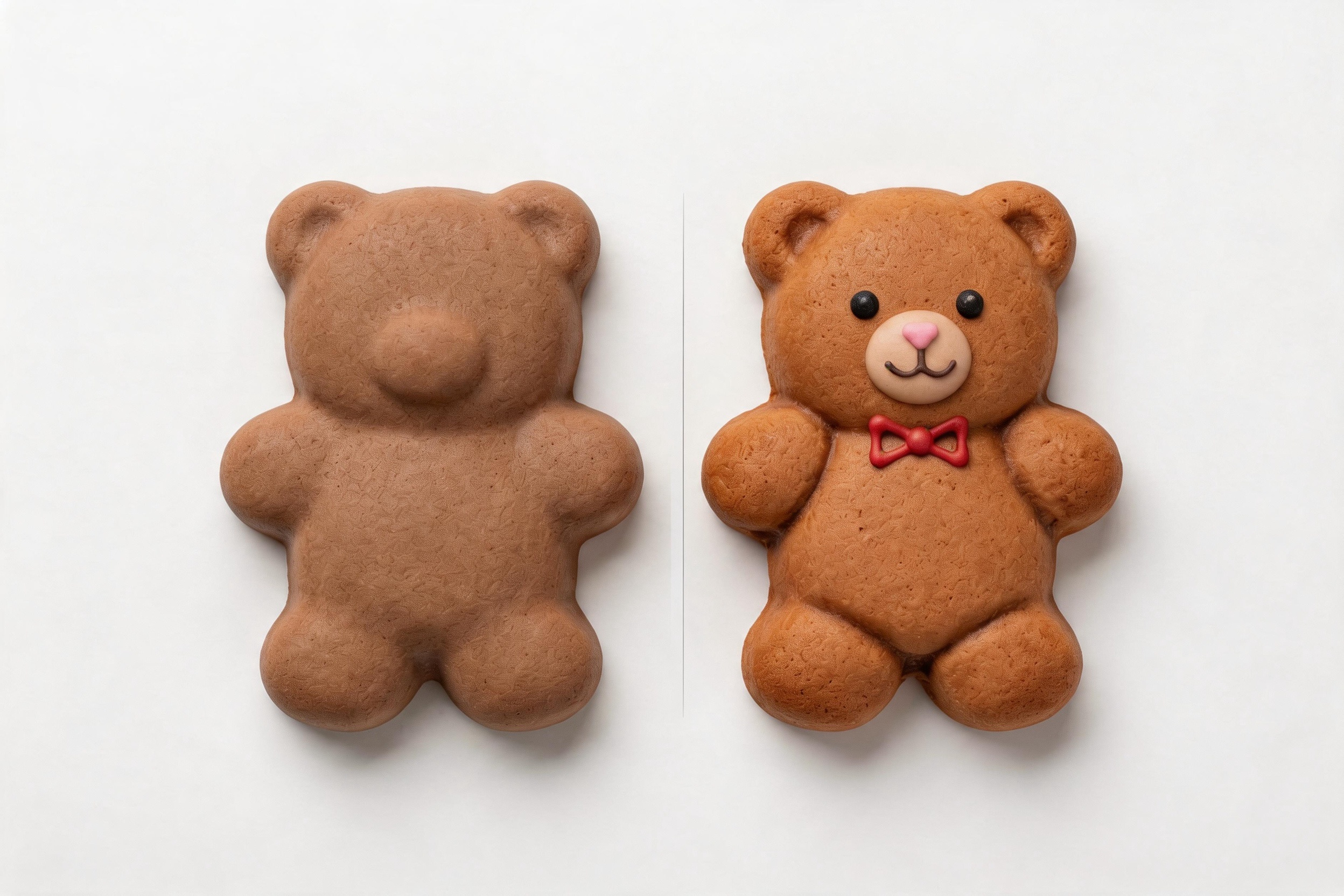 A side-by-side comparison — a plain generic bear marshmallow versus a custom character bear with a unique expression, bow tie, and branded color