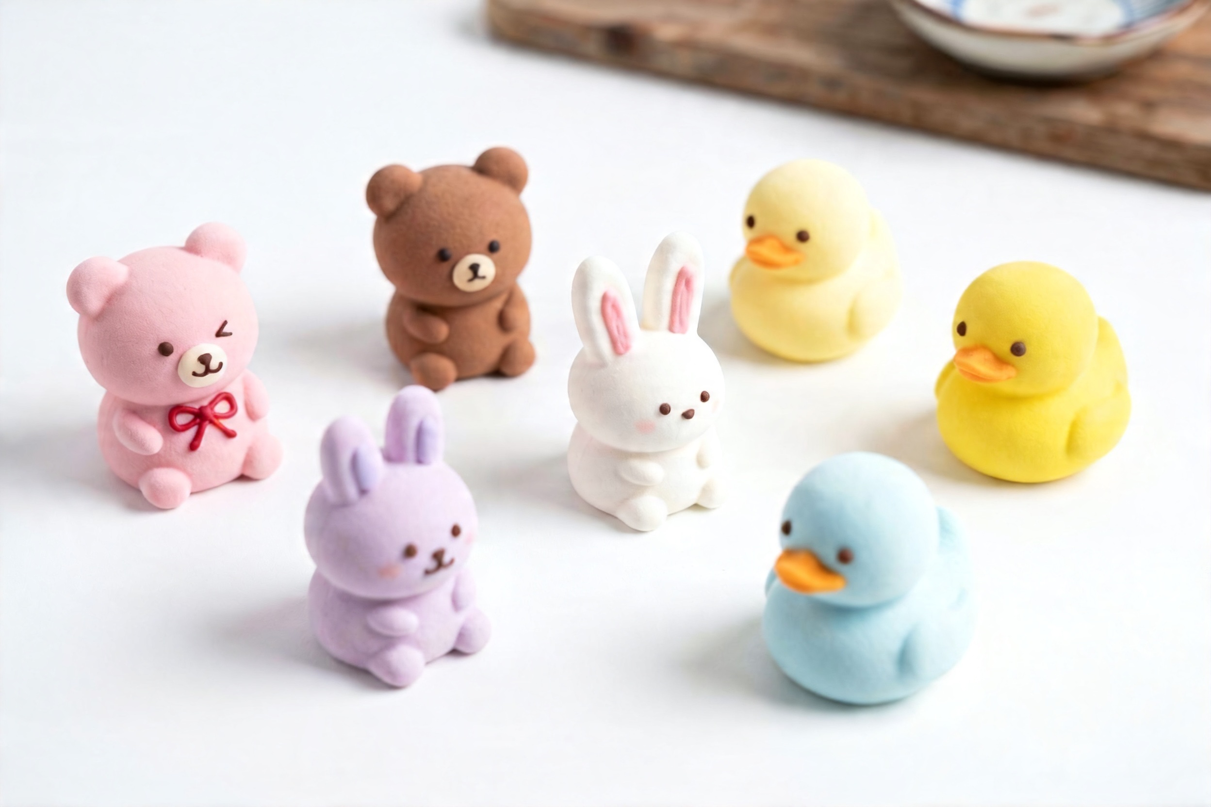 A collection of animal shaped marshmallows including bears, rabbits, and ducks in pastel colors on a clean white surface