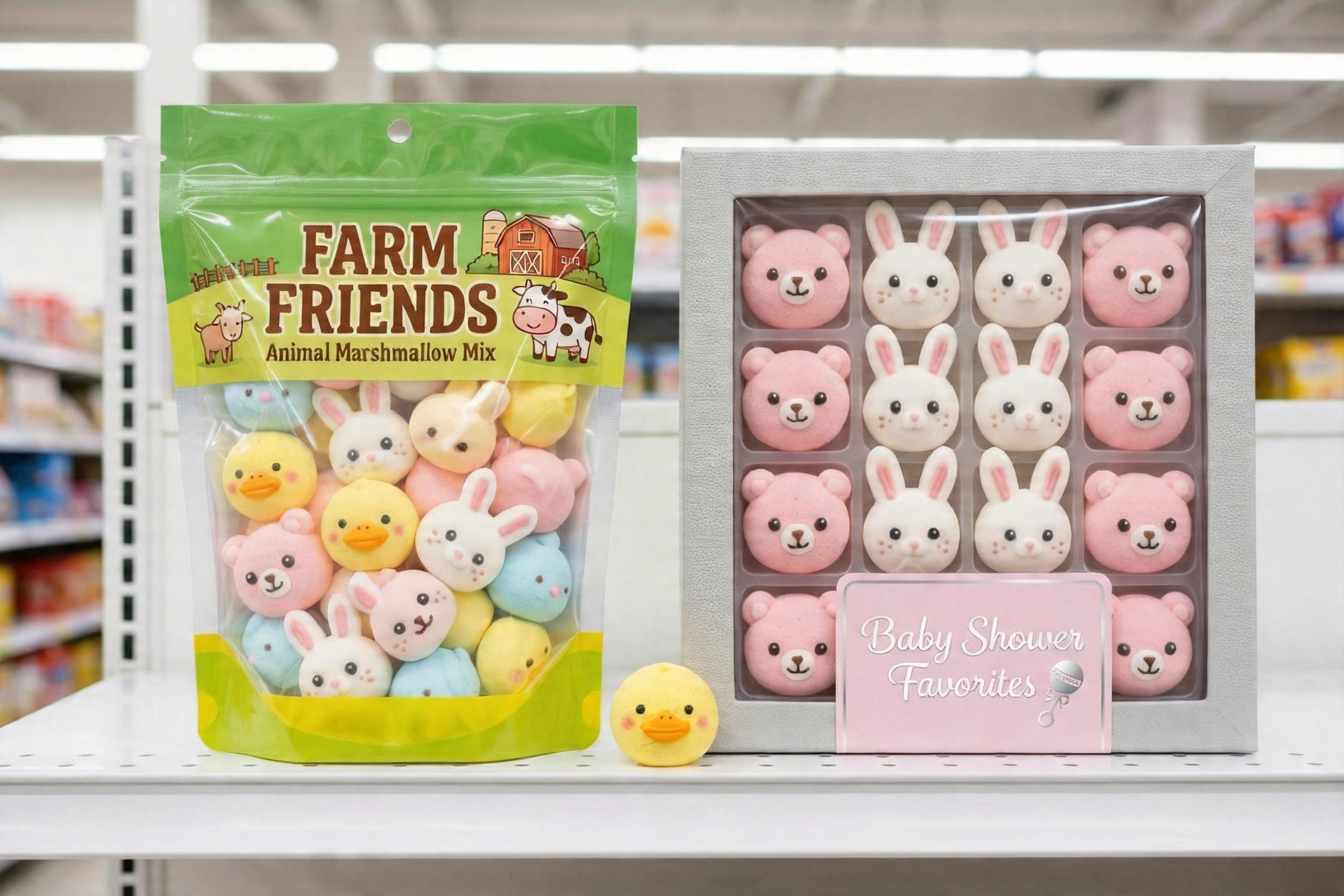 Themed animal marshmallow packages in clear window pouches — a Farm Friends mix and a Baby Shower pink set