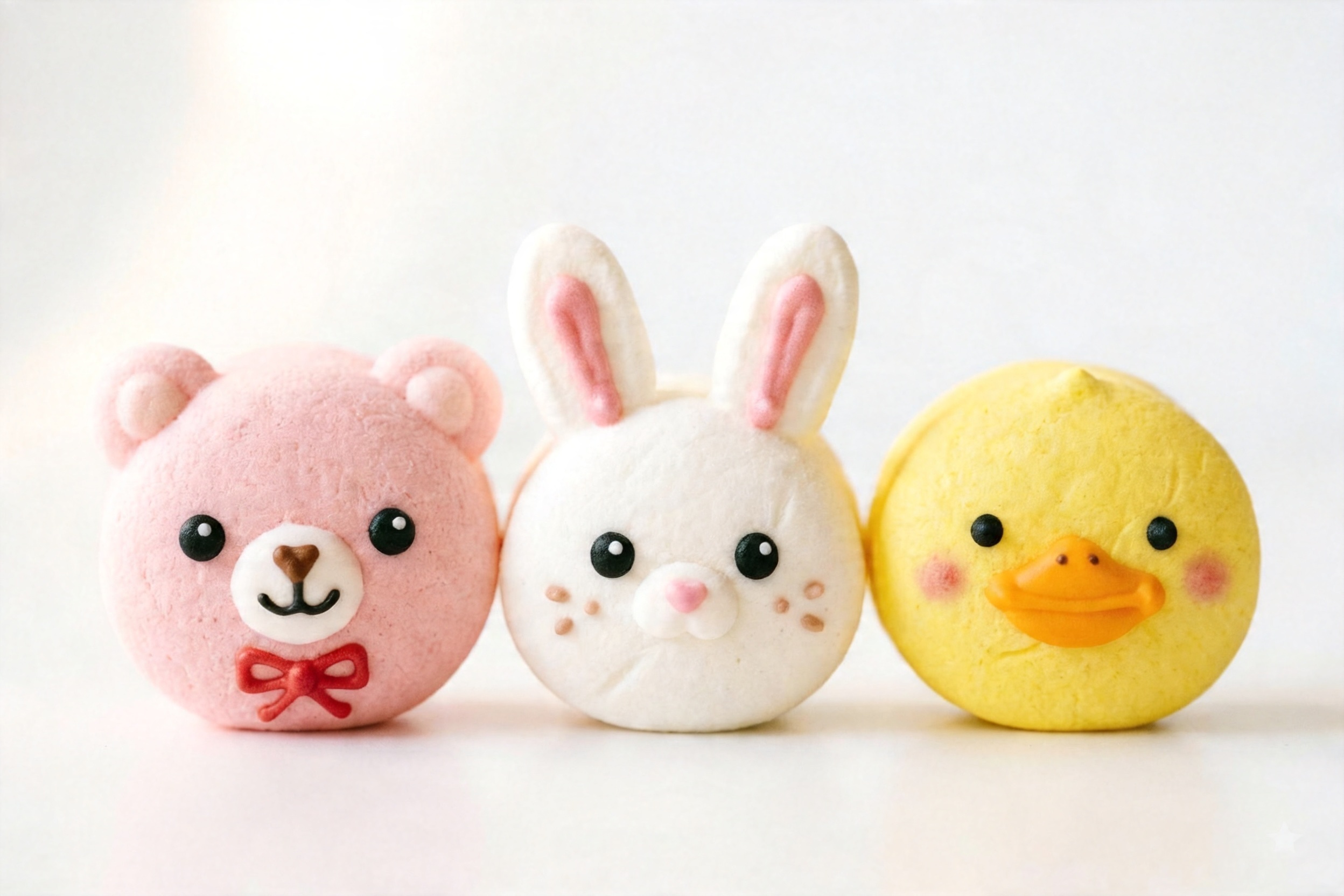 A close-up of three animal marshmallows — a pink bear, a white rabbit, and a yellow duck — with detailed piped faces