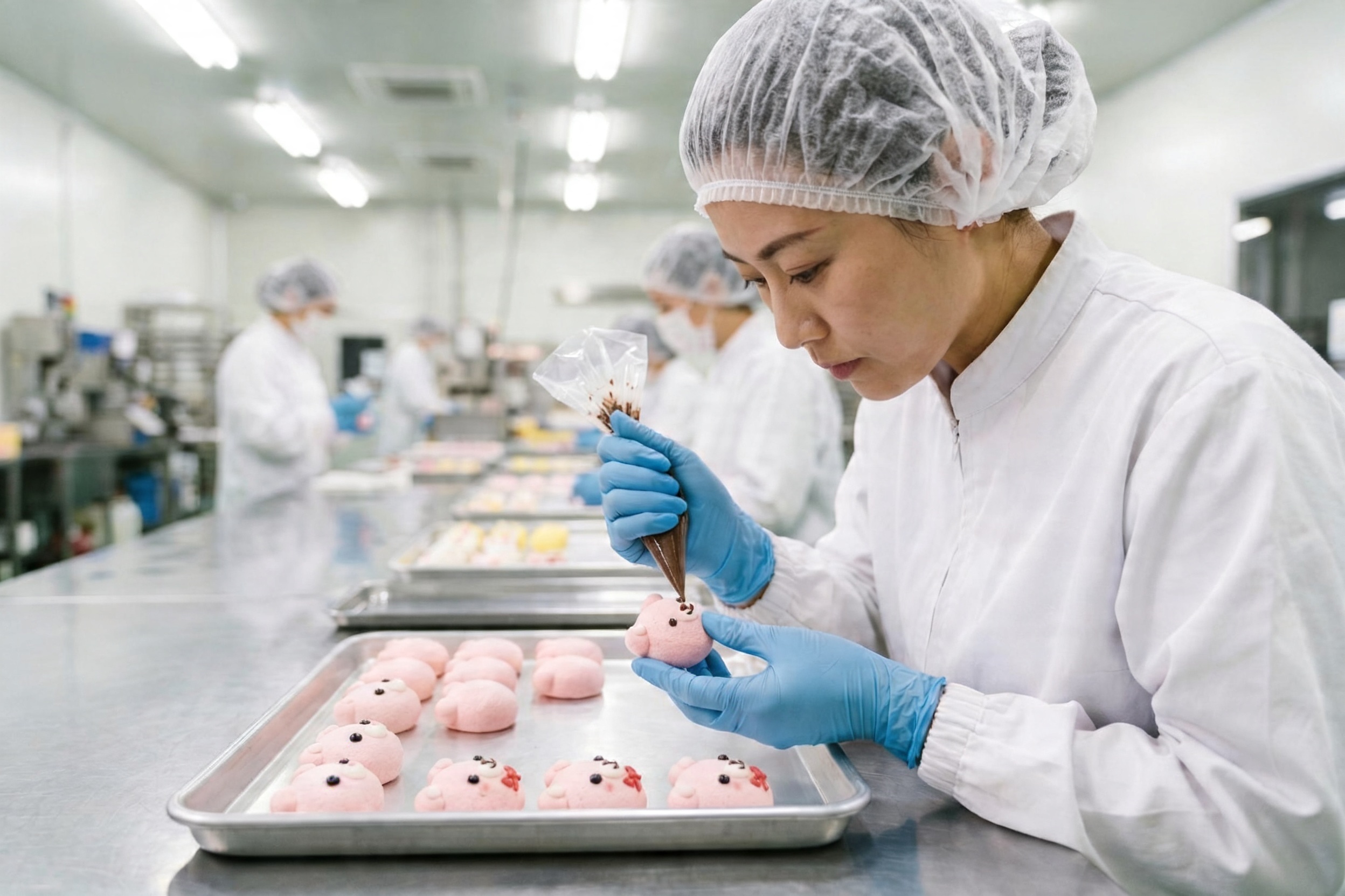 A Chinese factory worker in white uniform hand-piping a tiny face onto a bear shaped marshmallow
