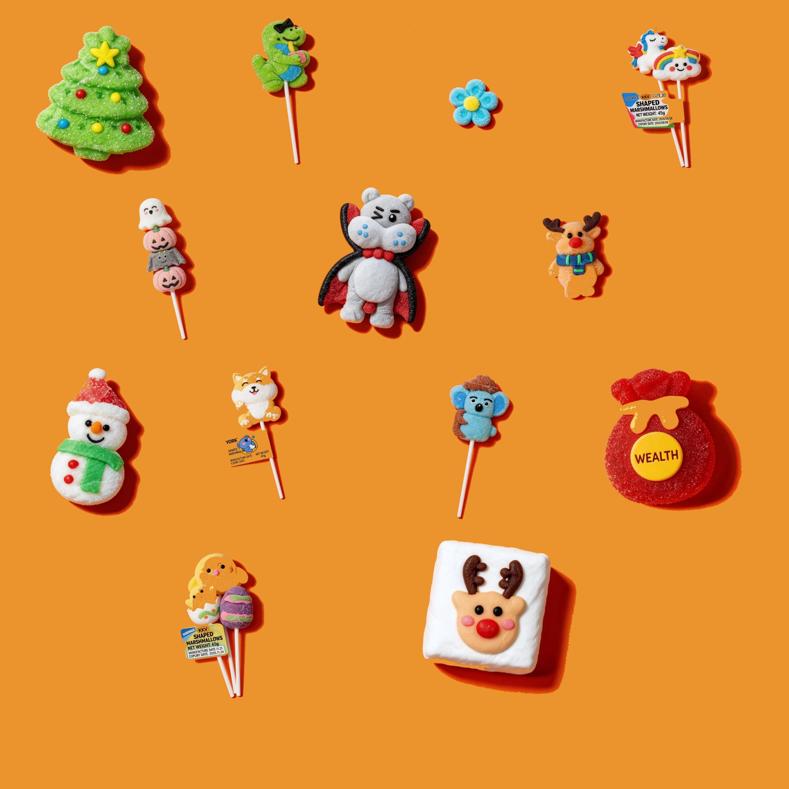 Custom Shaped Marshmallows for Brands A variety of custom shaped marshmallows on a clean background