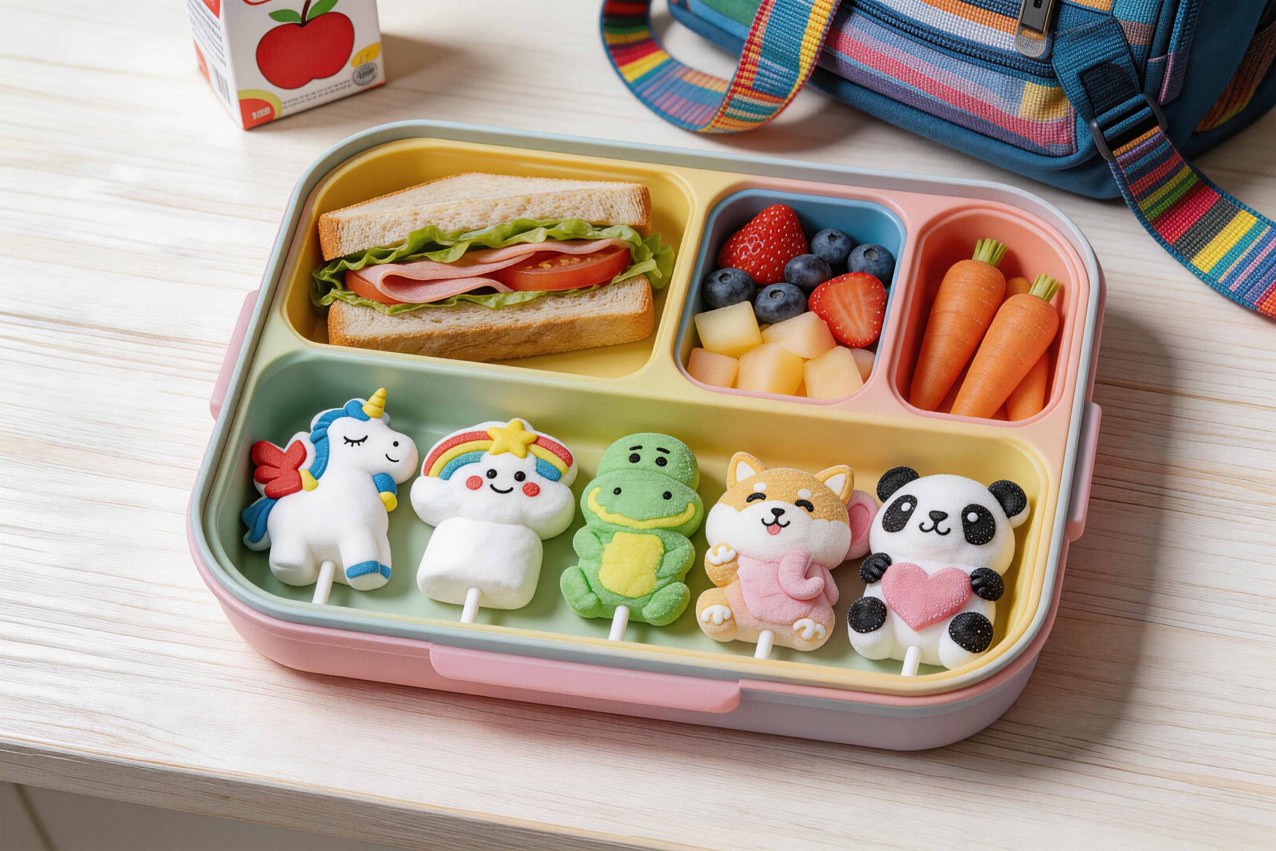 animal shaped marshmallows in a kid's lunchbox