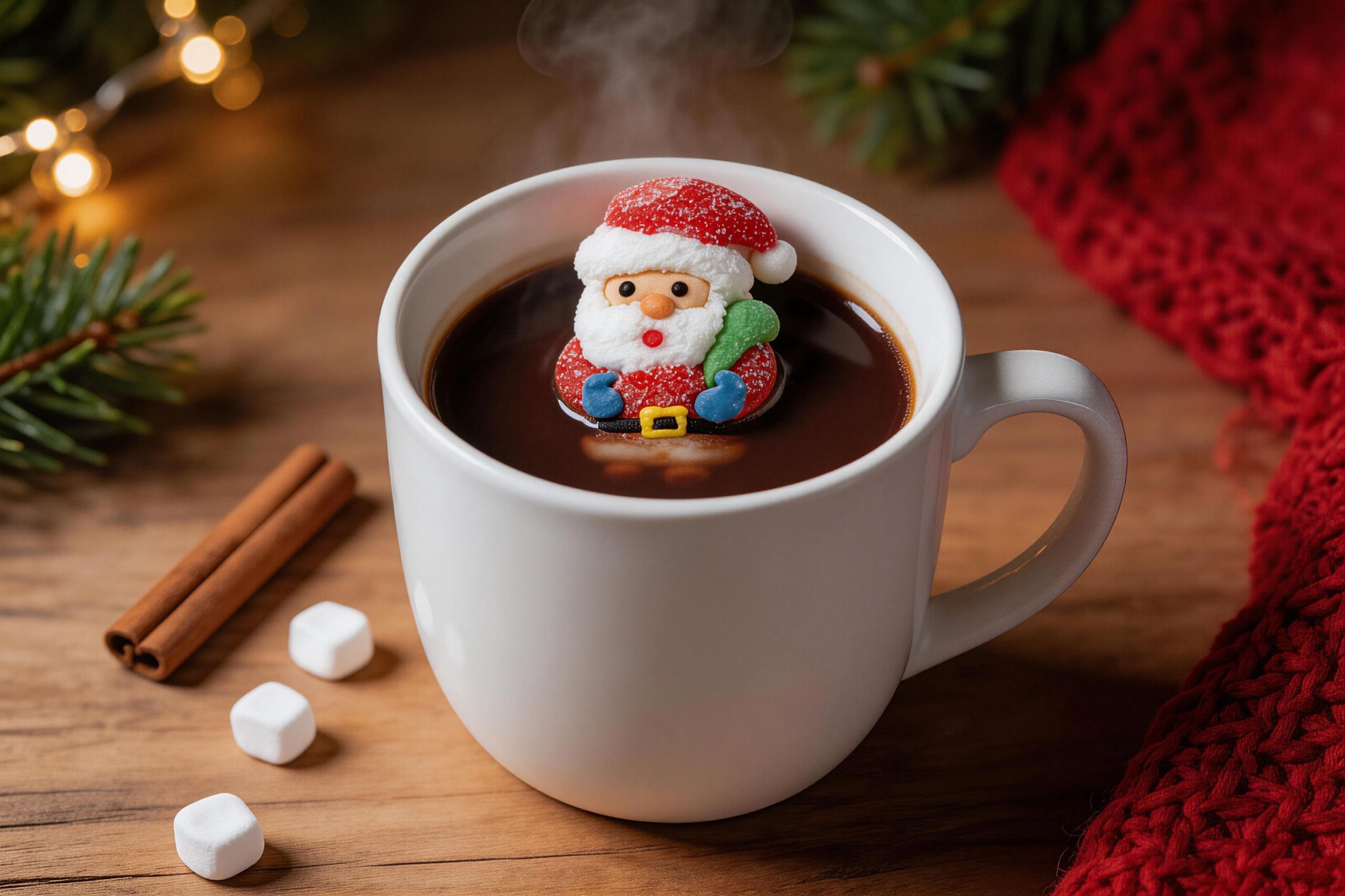 christmas themed marshmallows floating in hot chocolate