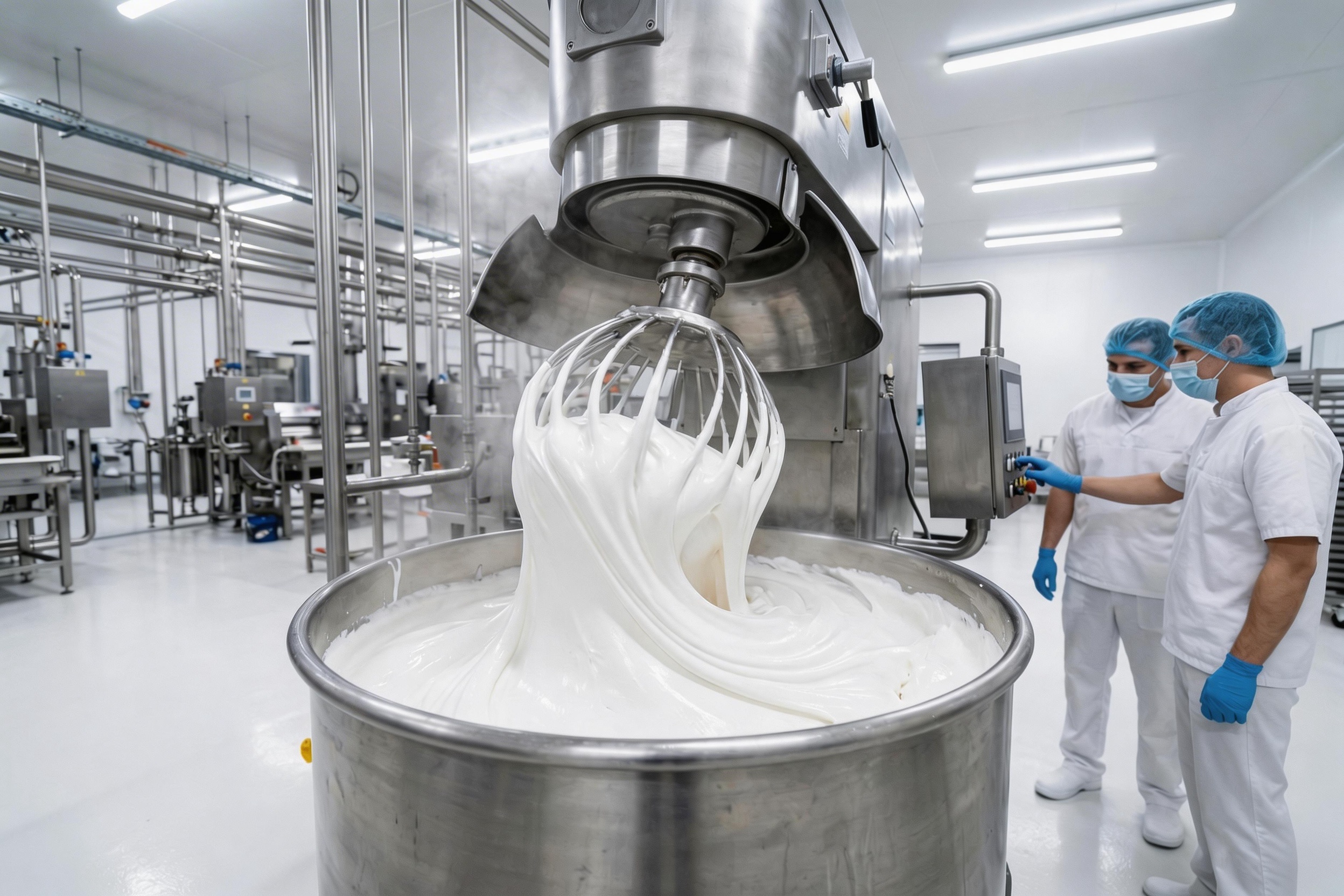 An industrial mixer whipping a large batch of white marshmallow fluff