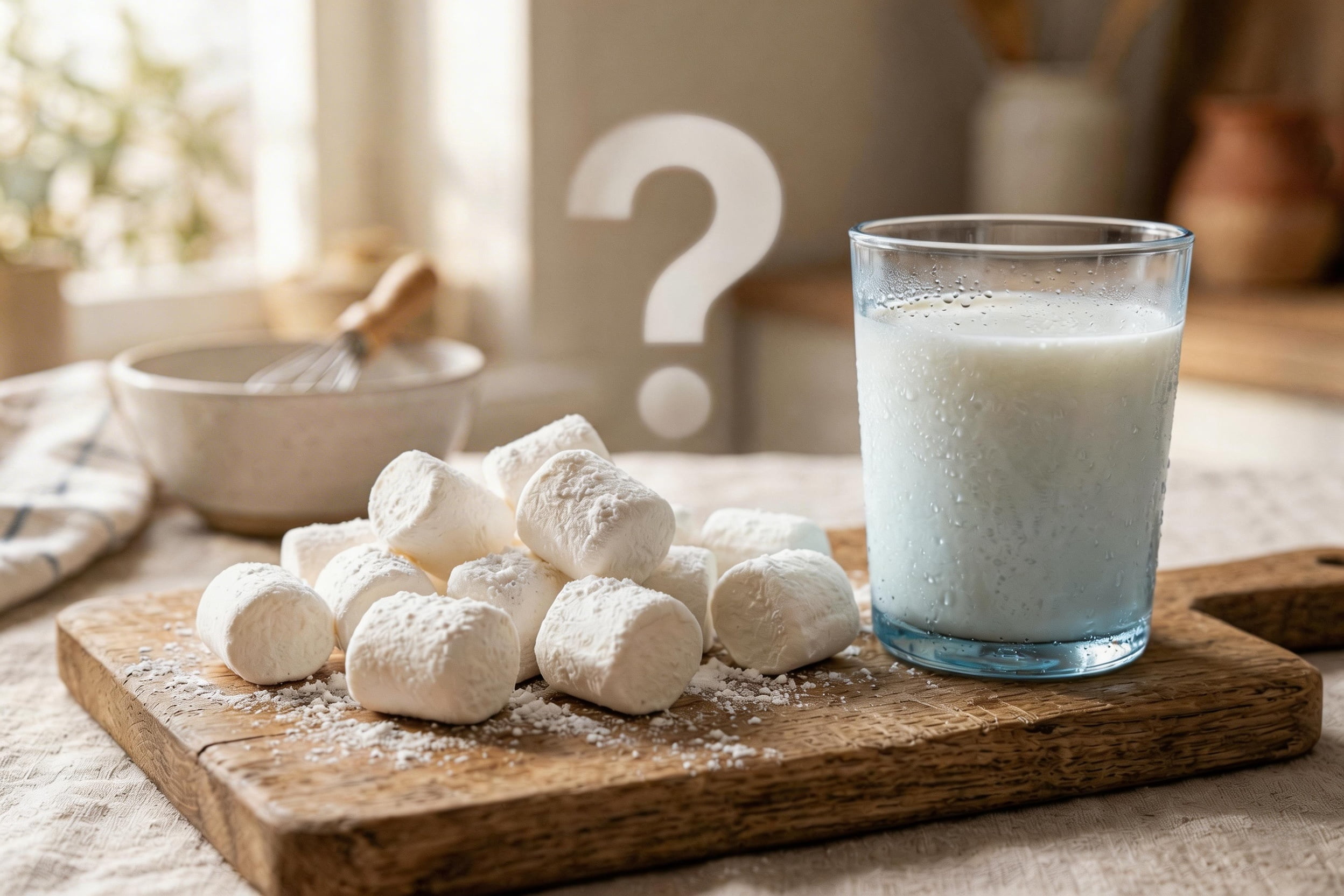 A pile of classic white marshmallows next to a glass of milk with a question mark over it