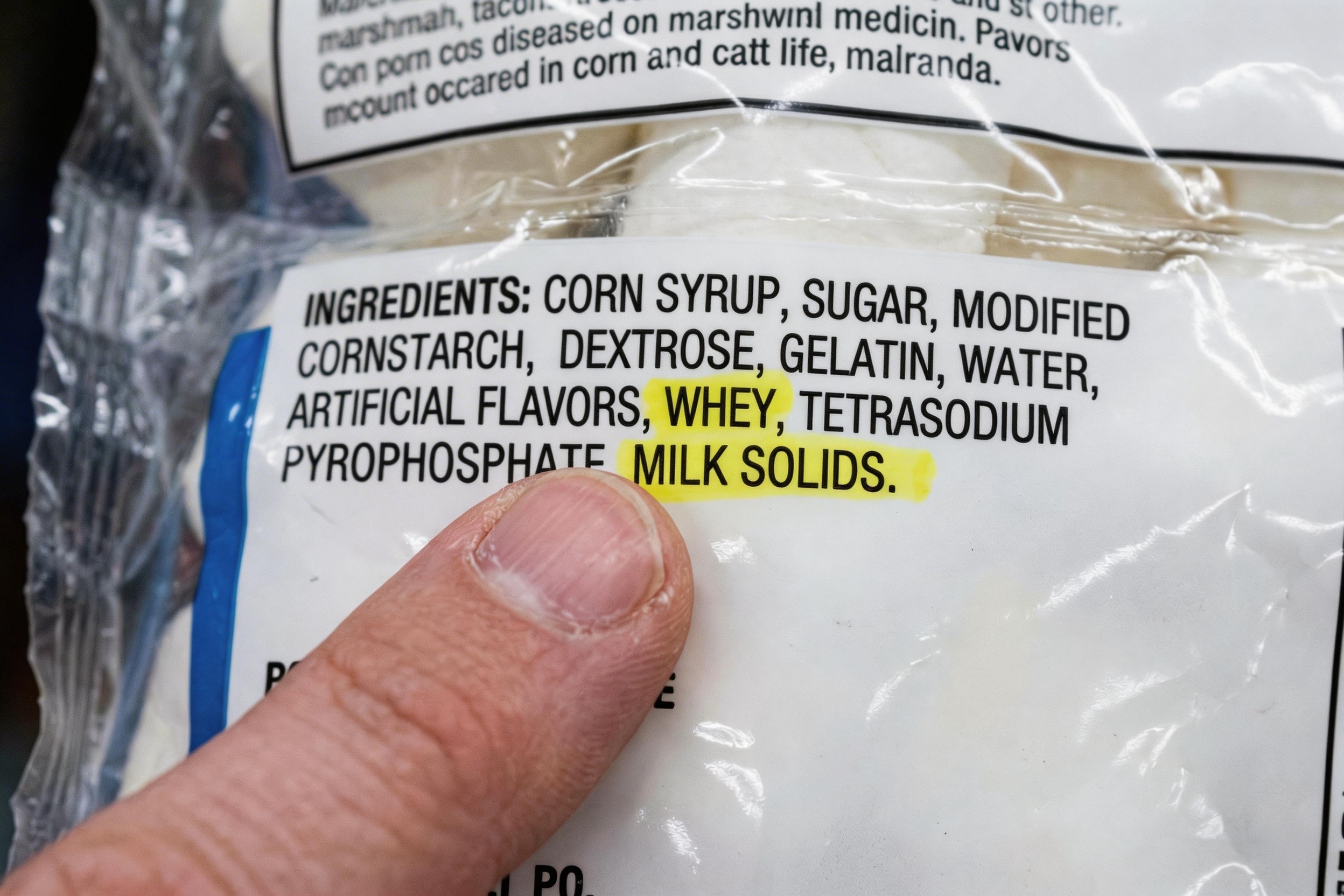 A close-up shot of a food product's ingredient list with whey and milk solids highlighted