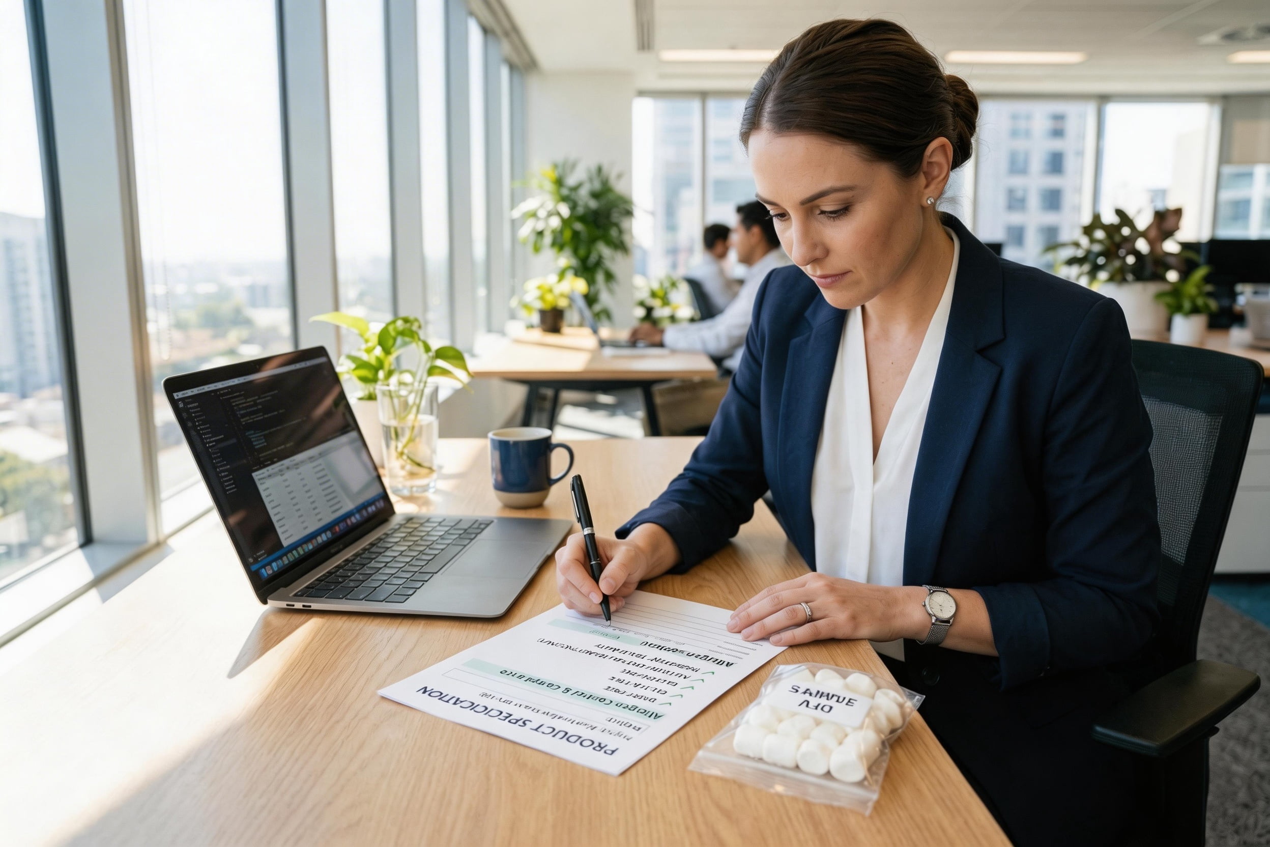 A person reviewing a product specification document with a checklist