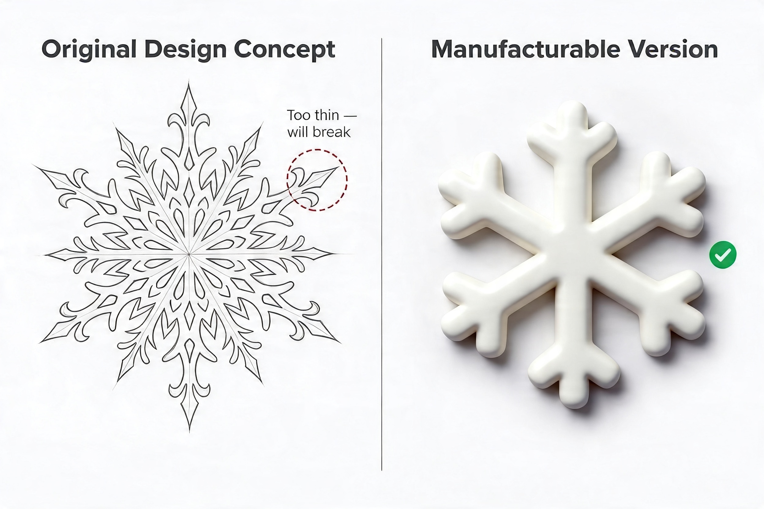 A complex design drawing next to a simple, bold marshmallow shape.