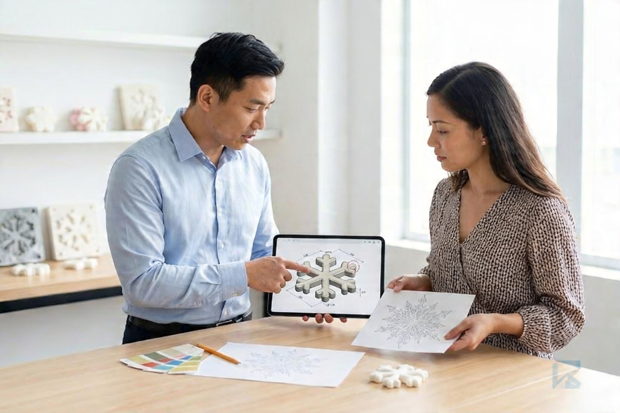 Two people, a designer and an engineer, looking at a tablet with a 3D model of a marshmallow.