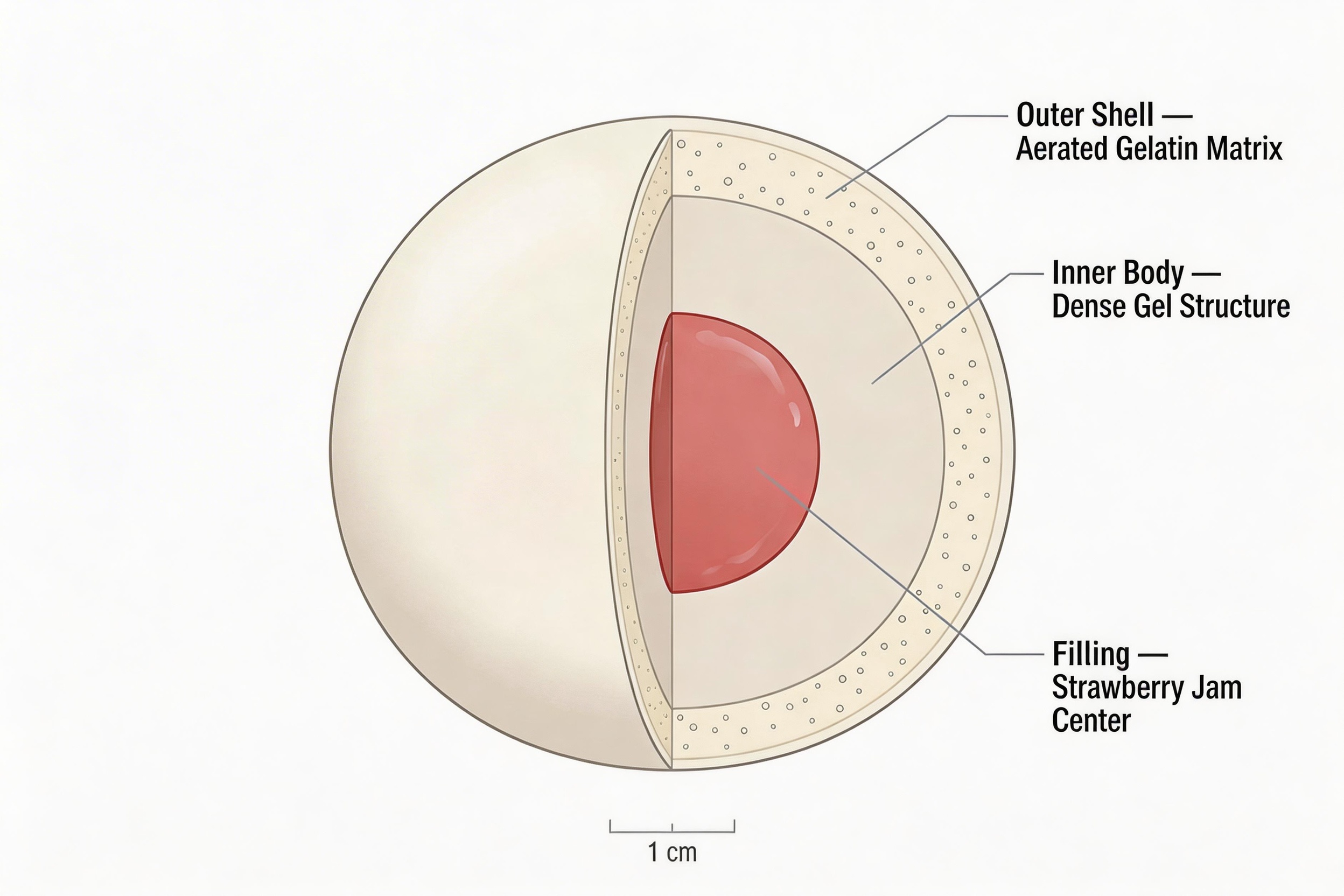 a marshmallow cut in half to show a jam filling