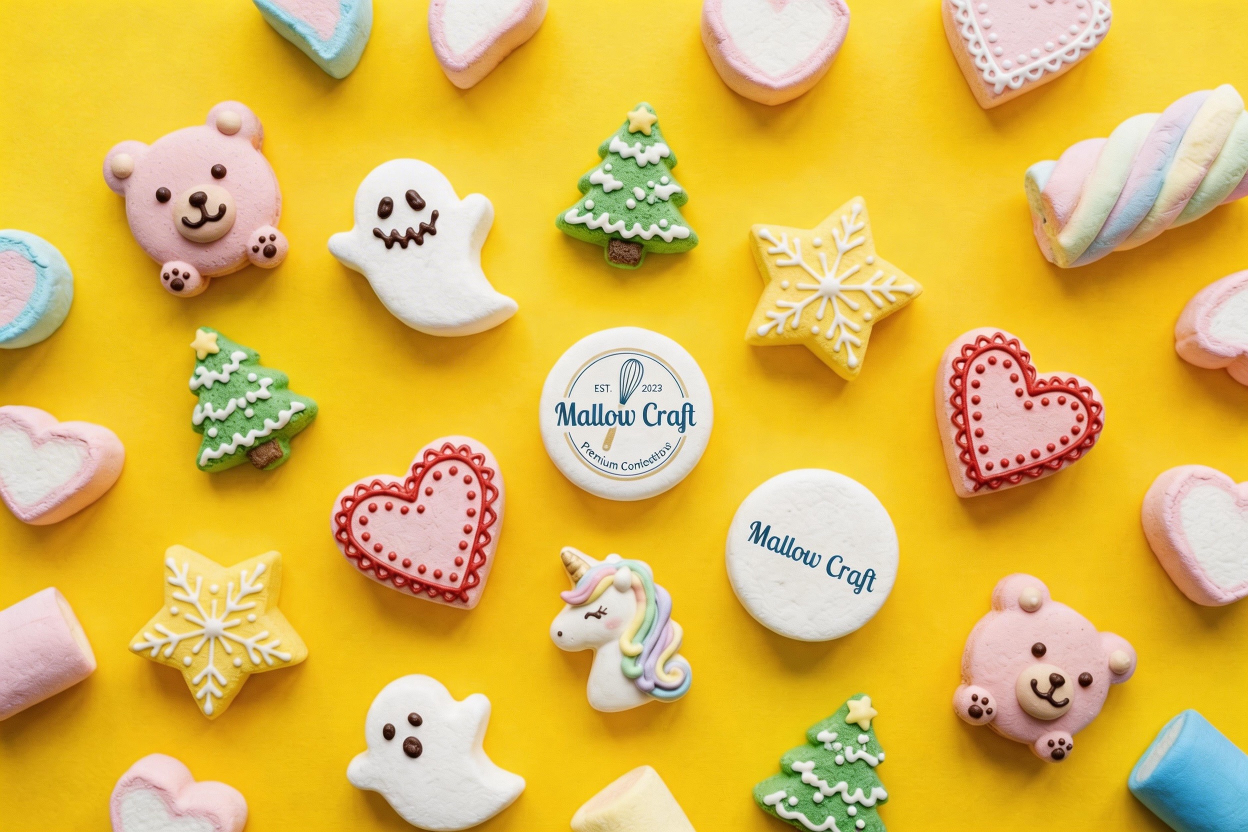 a variety of custom shaped marshmallows on a colorful background