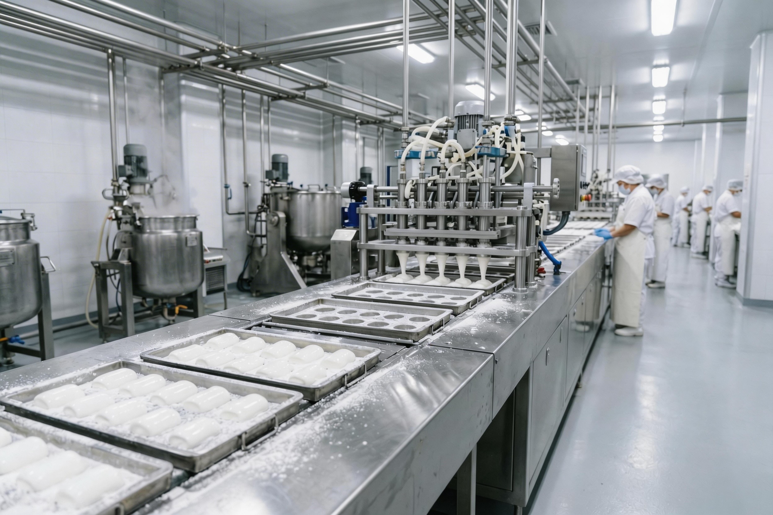 A close-up of marshmallows being produced on a factory line