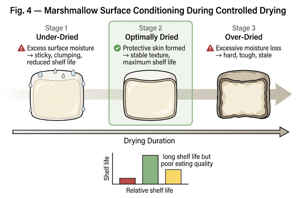 Shaped marshmallows resting in trays in a climate-controlled drying room