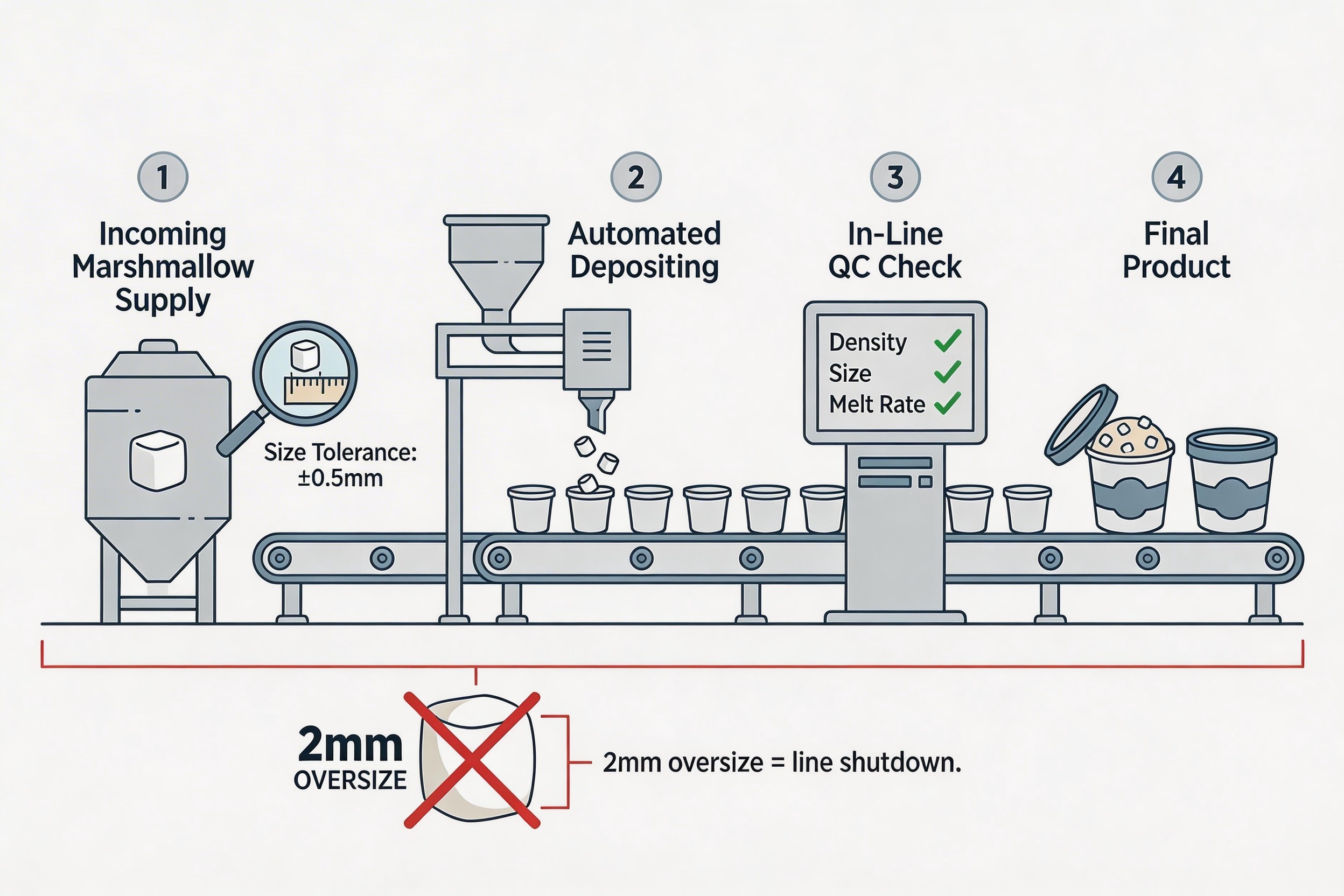 Marshmallow Supply Chain for Manufacturers A factory production line with precise marshmallow ingredients
