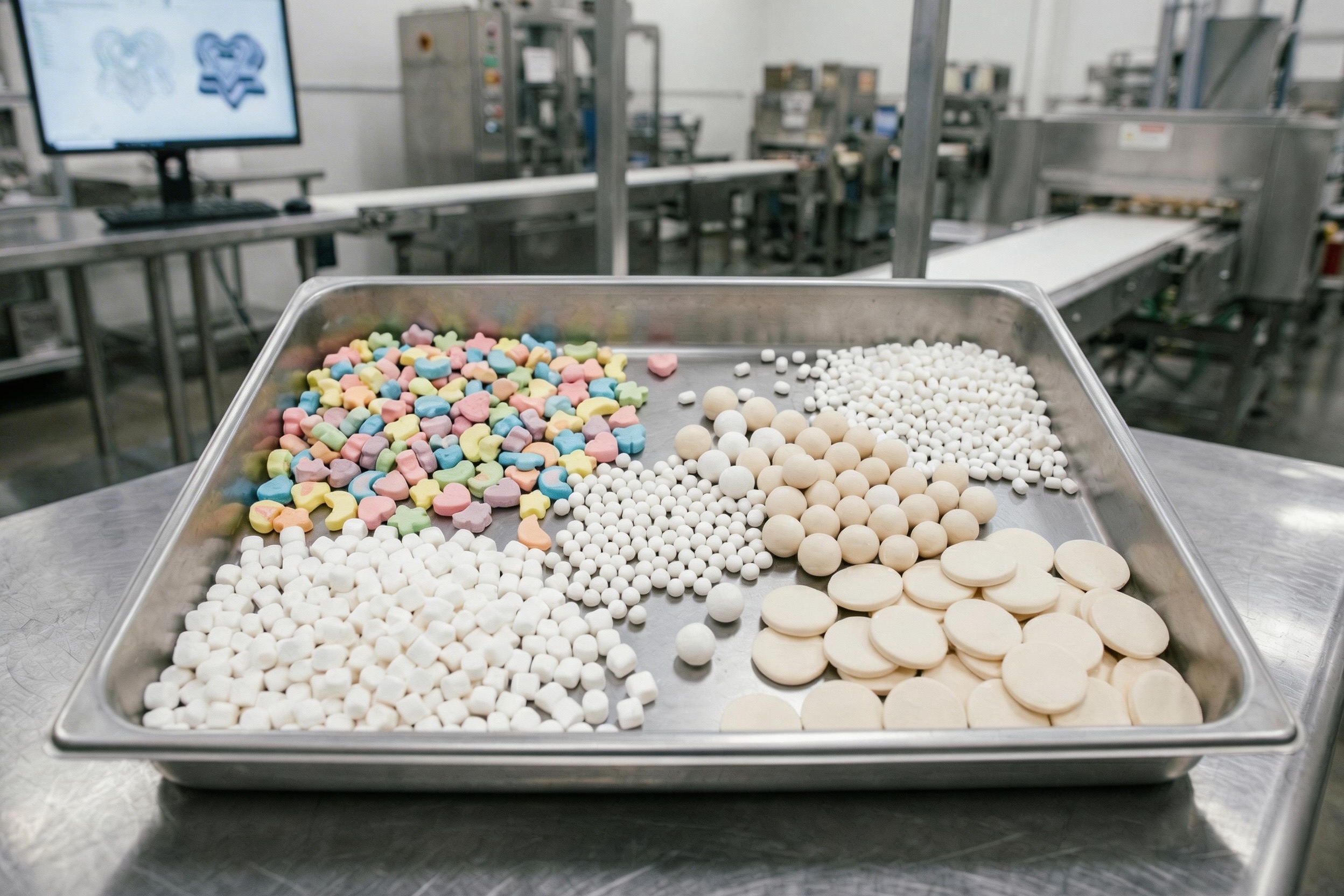 Custom Marshmallows for Food Production An array of custom-shaped marshmallows for industrial food manufacturing