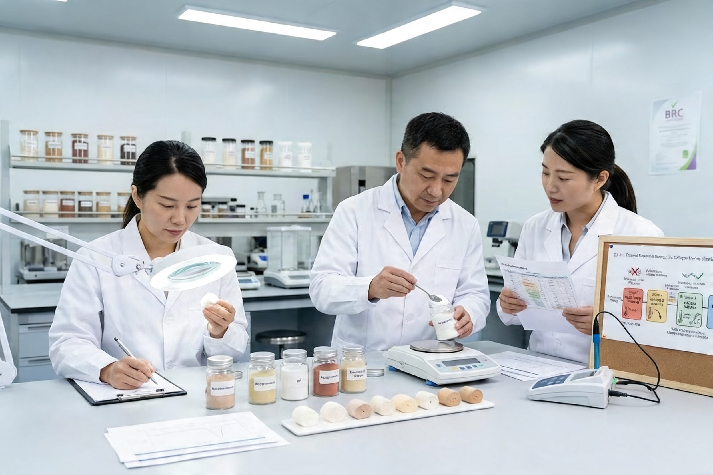 Our factory's R&D team collaborating on a new functional marshmallow formula