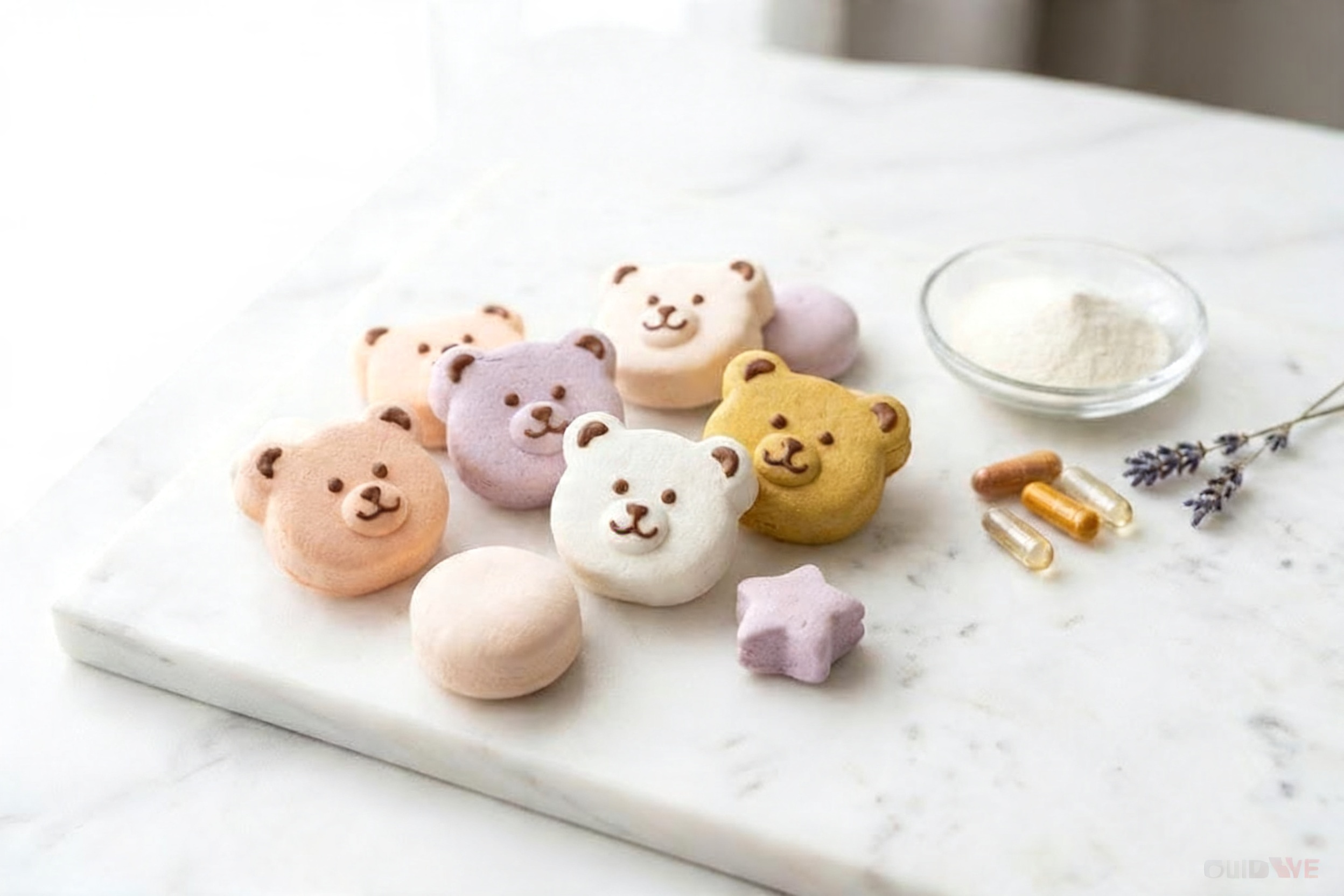 A close-up of different shaped functional marshmallows with vitamins and collagen