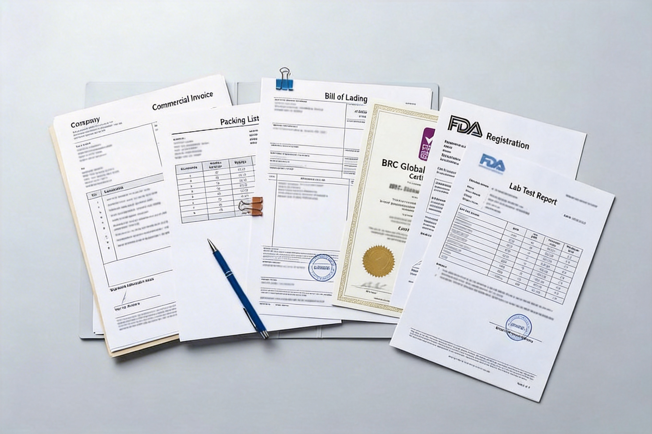 Customs Paperwork for Food Imports A stack of official shipping and customs documents
