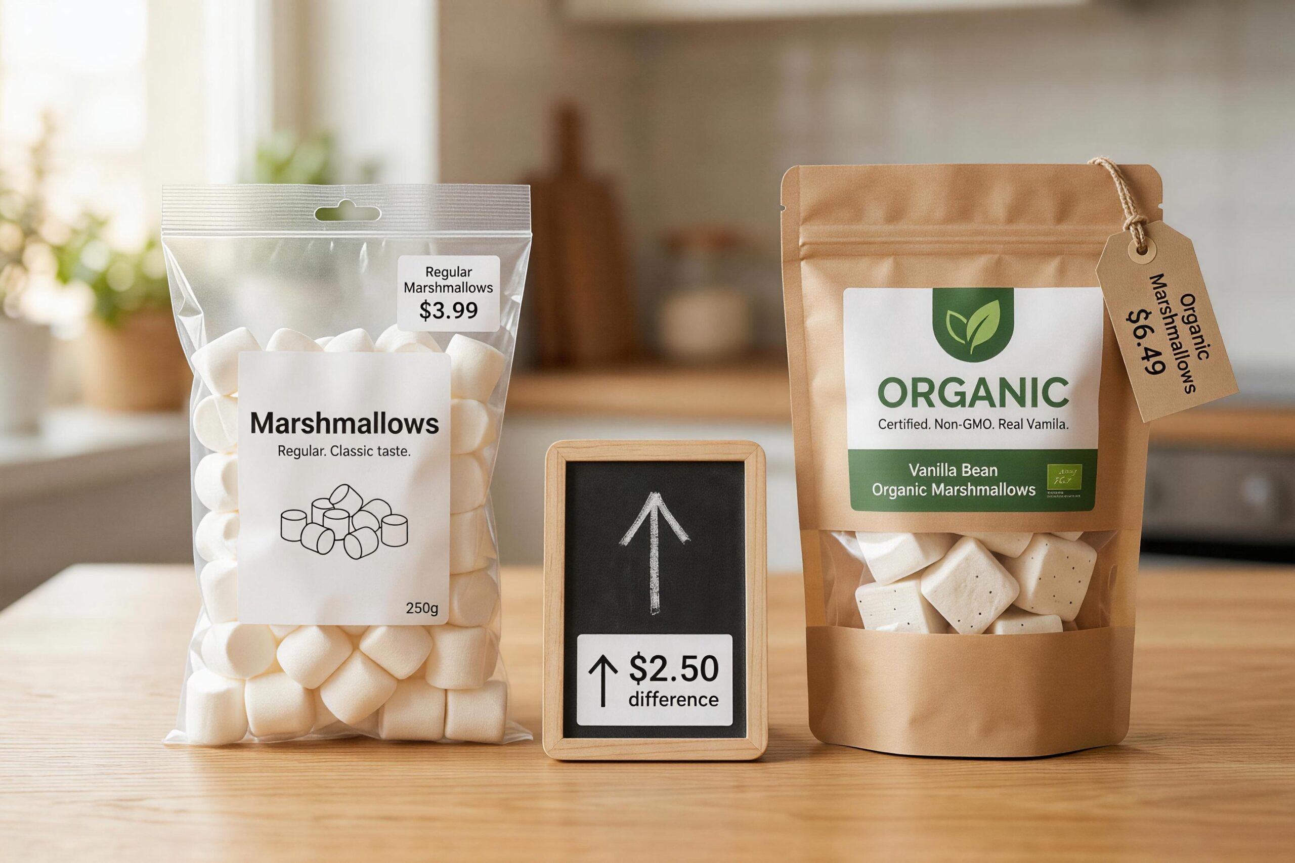 price tag on a bag of organic marshmallows