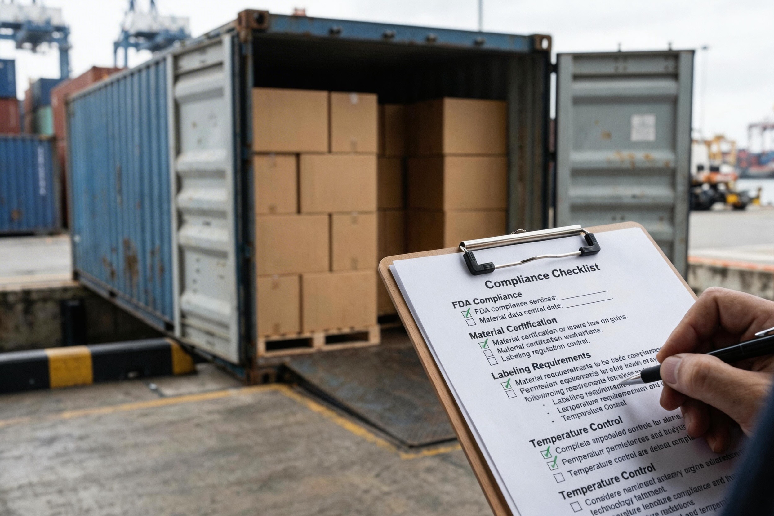 A shipping container and a compliance checklist document