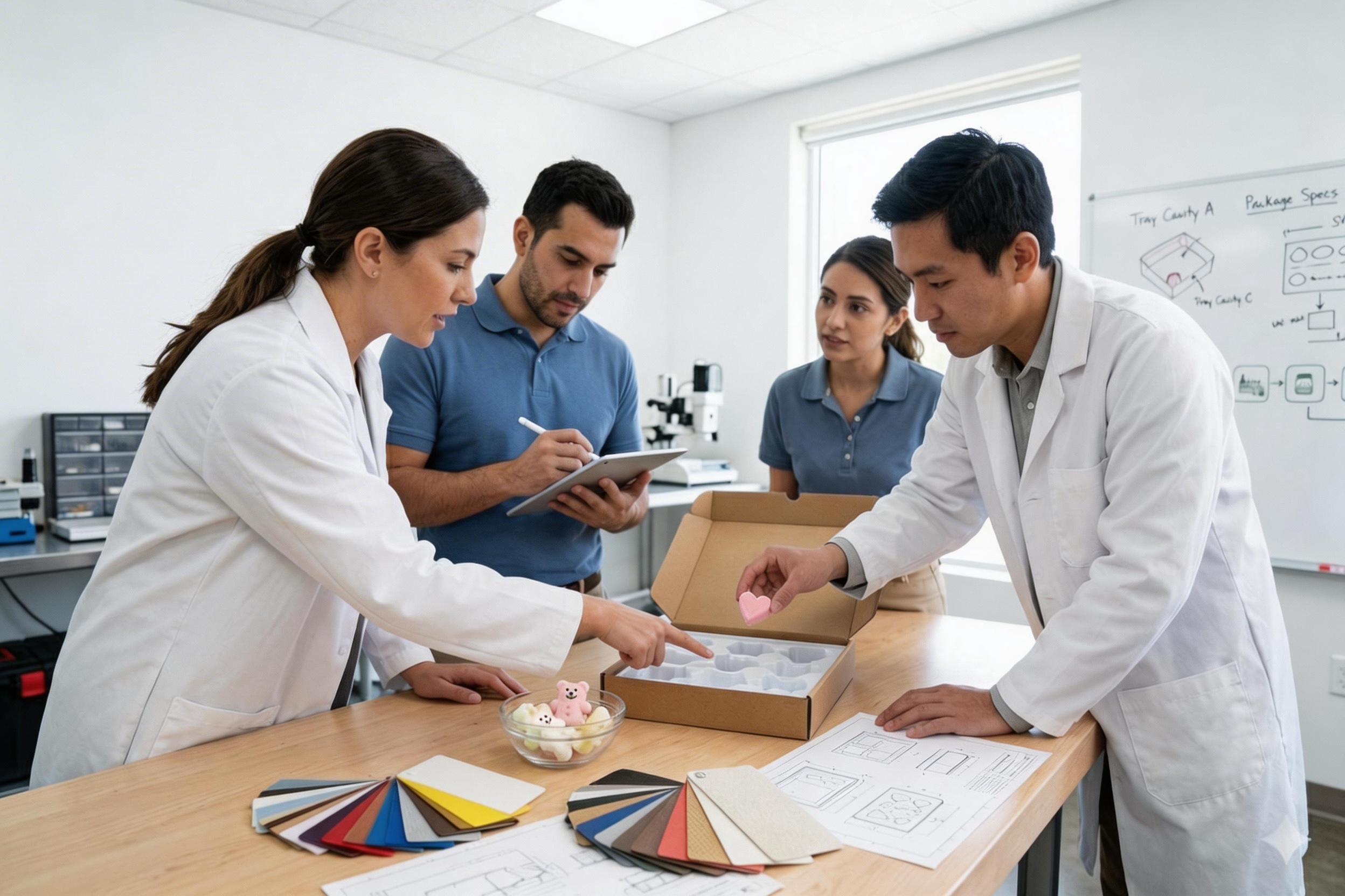 A team of engineers and food scientists collaborating over a product design