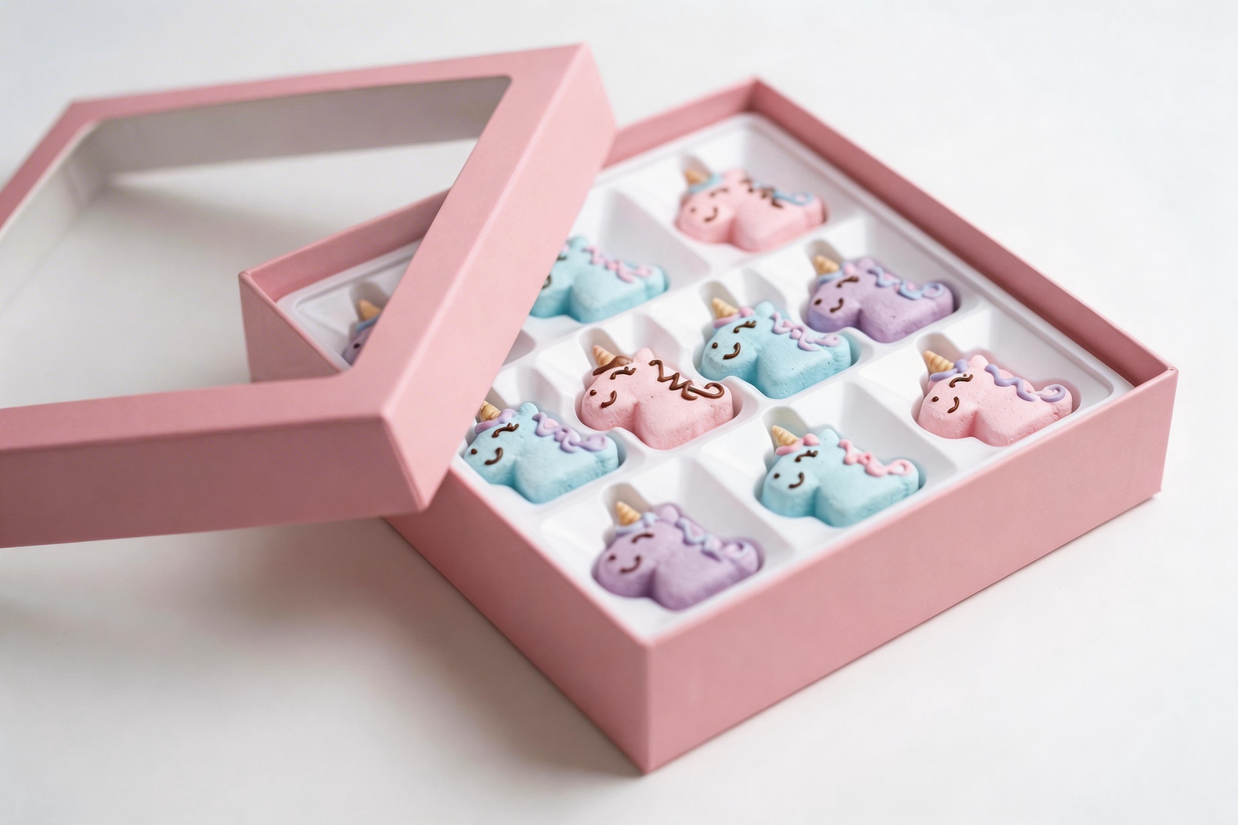 Delicate unicorn-shaped marshmallows in a protective tray