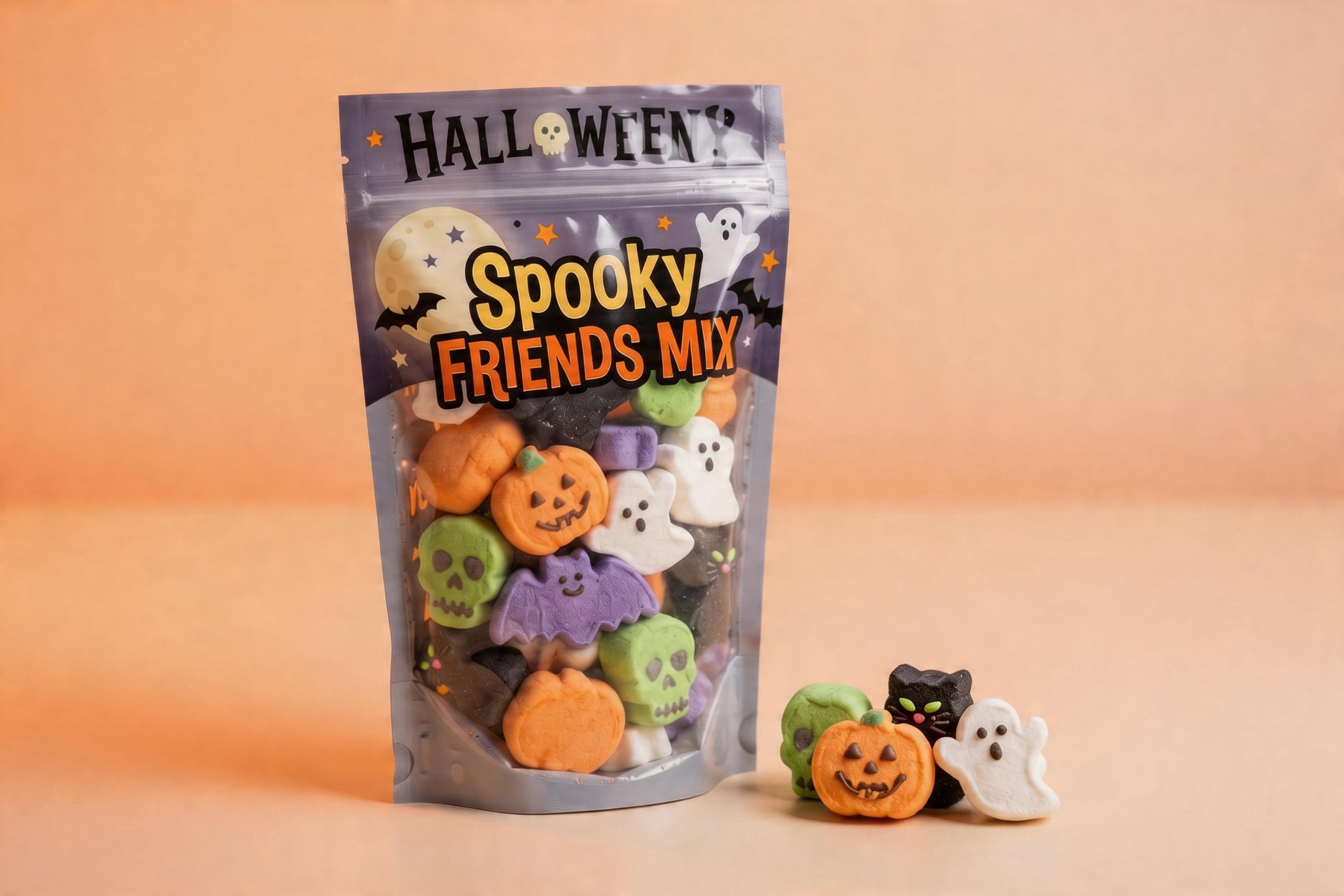 A mixed bag of Halloween marshmallows with pumpkins, ghosts, bats, and skulls