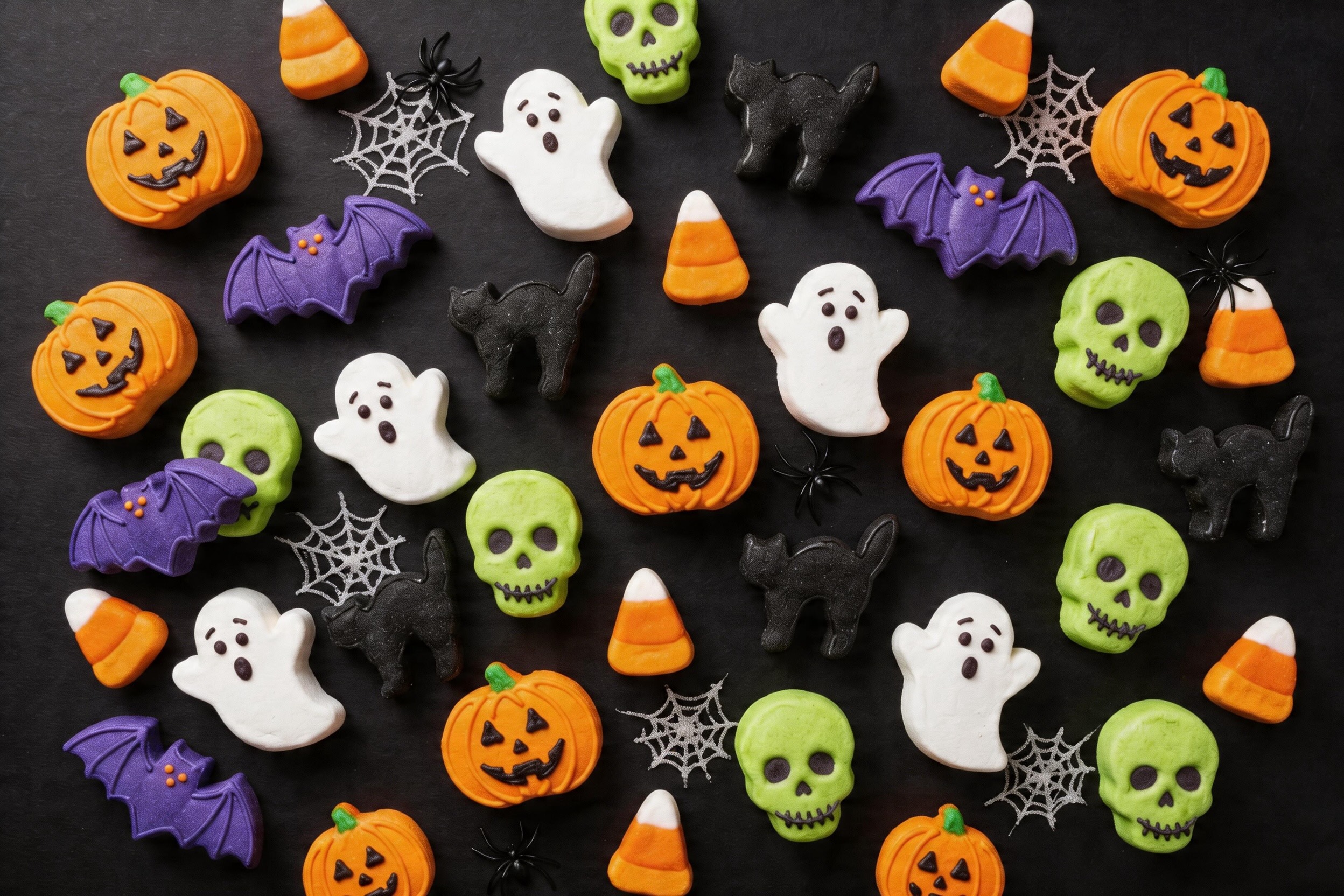 A variety of Halloween shaped marshmallows including pumpkins, ghosts, and bats